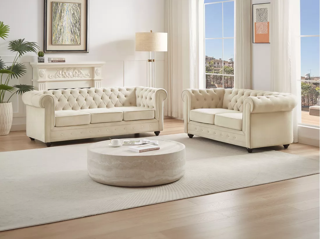Canapé 3 places et 2 places en velours beige CHESTERFIELD
