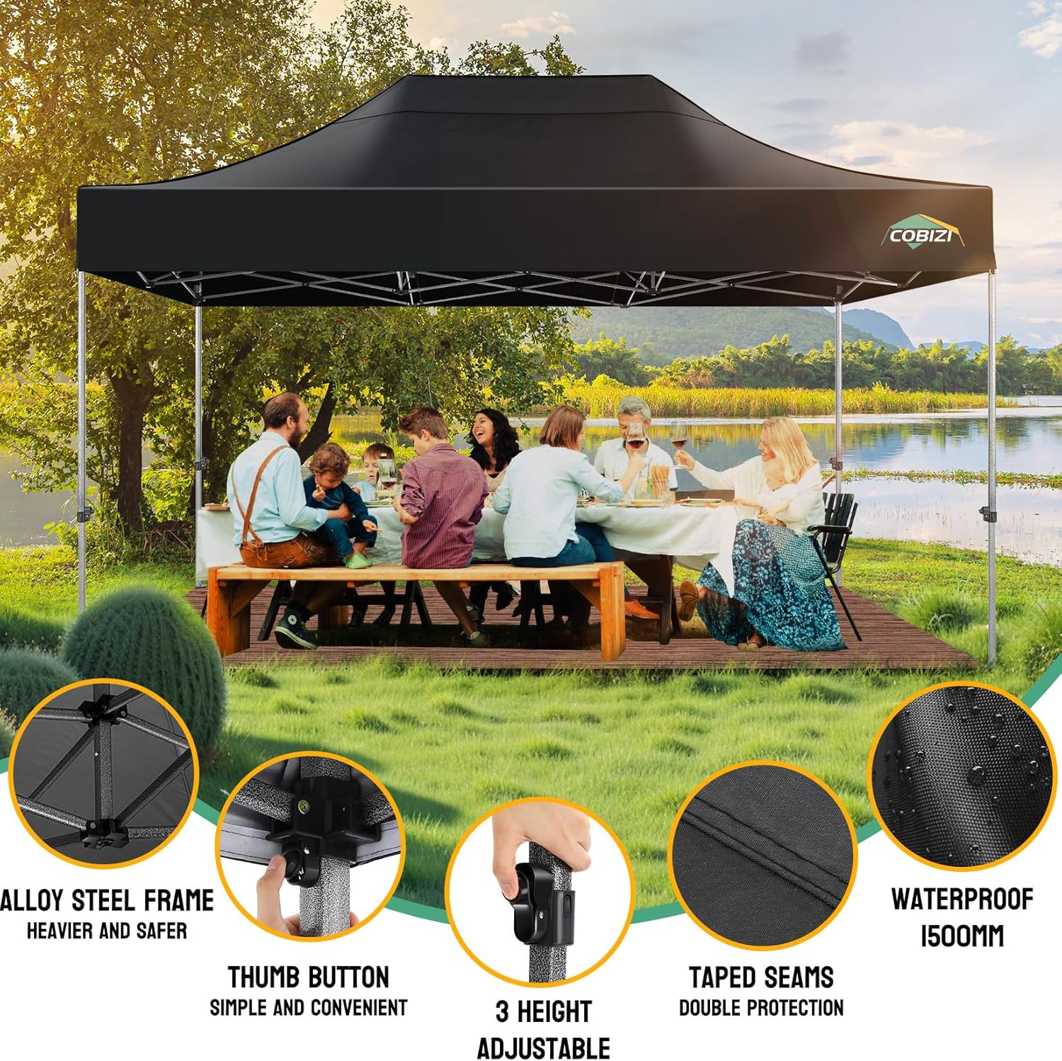 COBIZI Faltpavillon Pavillon 3x4.5 Wasserdicht Stabil, Outdoor Faltbar Garten Pavillon UV Schutz 50+, Partyzelt mit 4 Seitenteilen, Schwarz