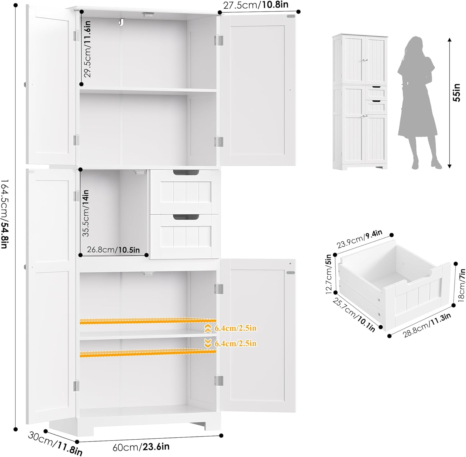 HOCSOK Badezimmerschrank Hoch, Badschrank Hochschrank mit 4 Türen und 2 Schubladen, Küchenschrank Hoch für Wohnzimmer Küche Esszimmer Büro, 164.5X 60x30cm, Weiß