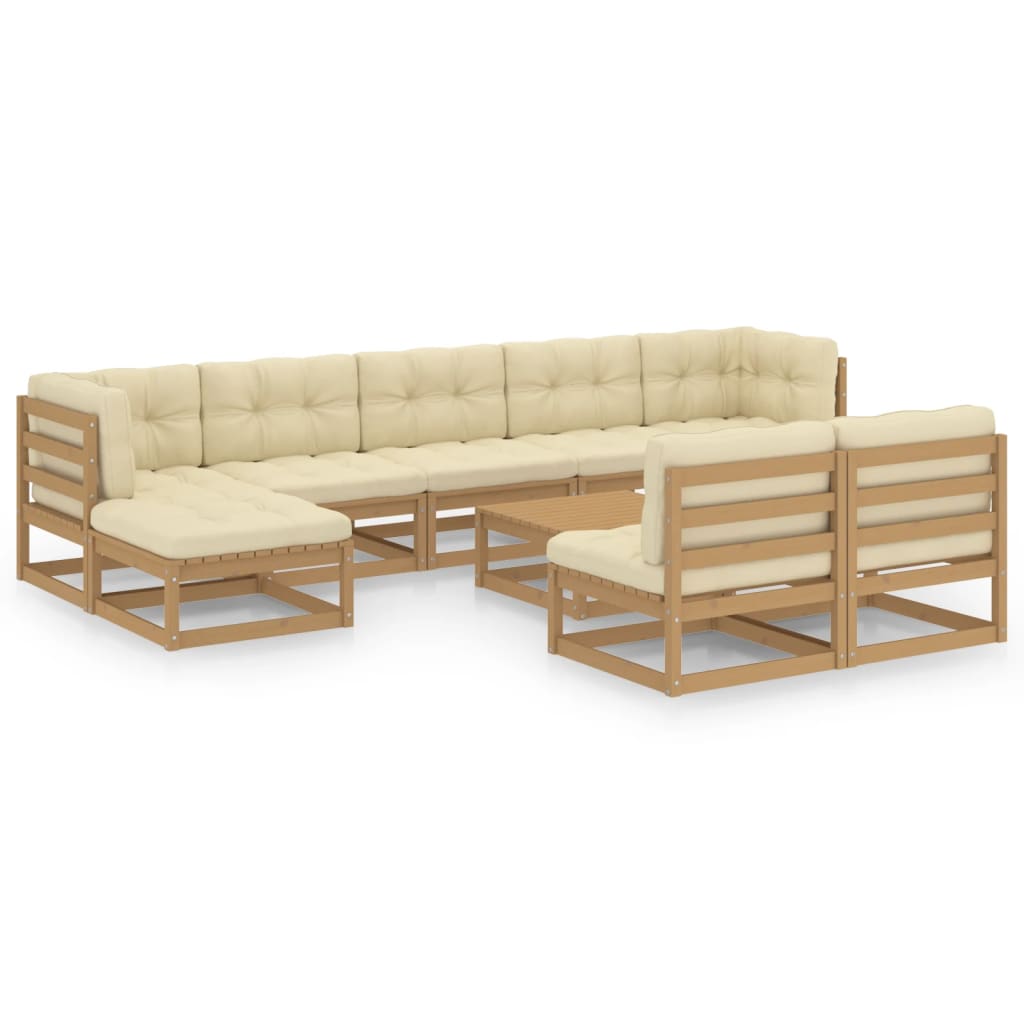 Salon de jardin meuble d'extérieur ensemble de mobilier 10 pièces avec coussins marron miel bois de pin