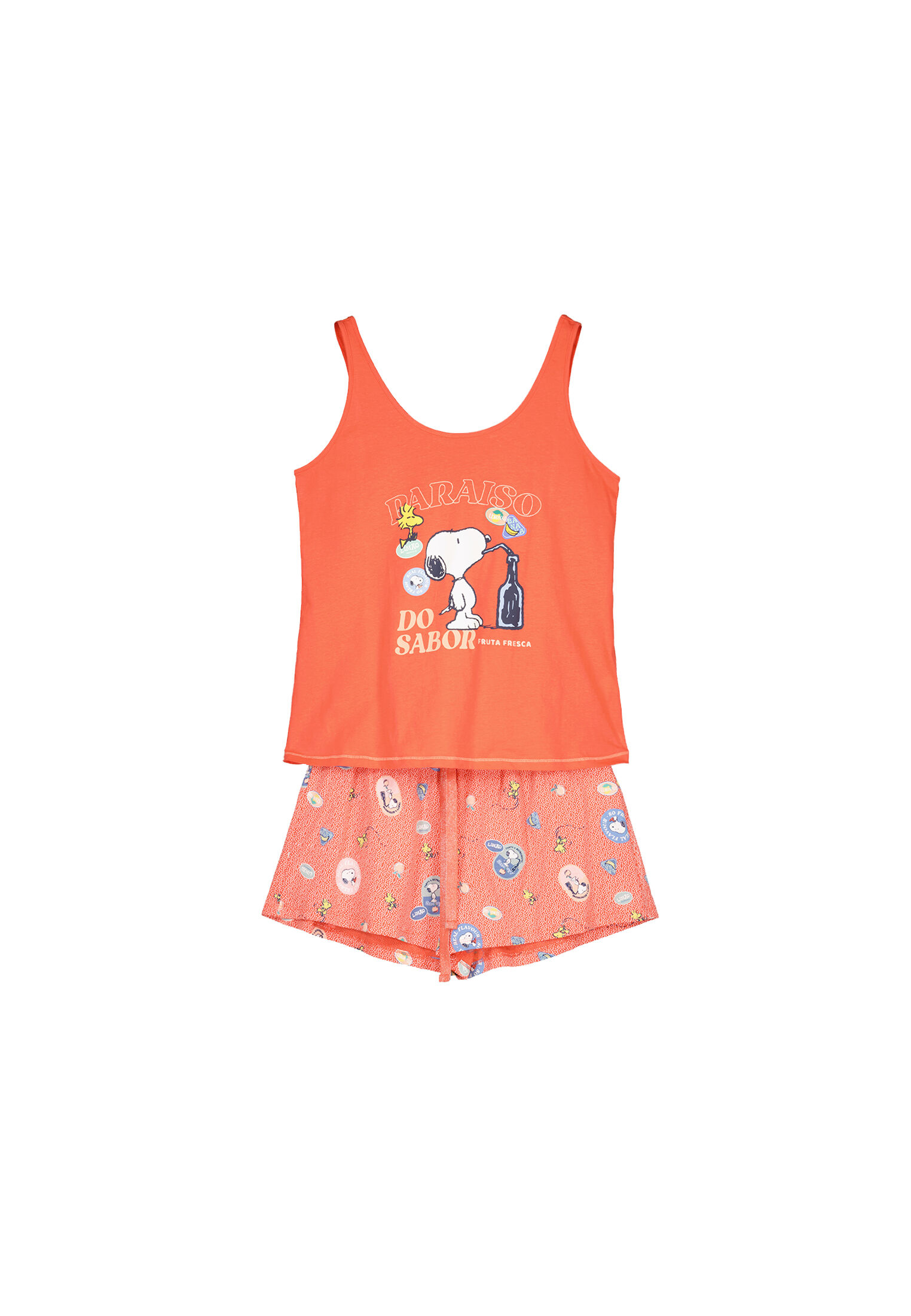 Pijama curto coral do Snoopy com suspensórios, 100% algodão - coral