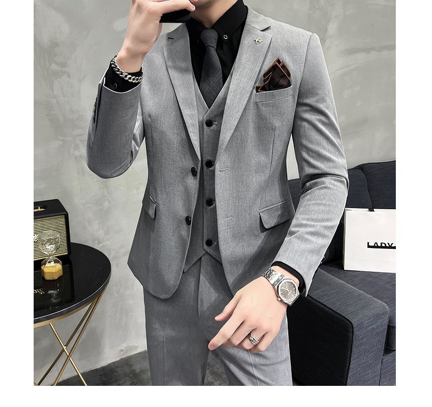Deepwood - Set: effen enkelrijs blazer + vest + rechte pantalon