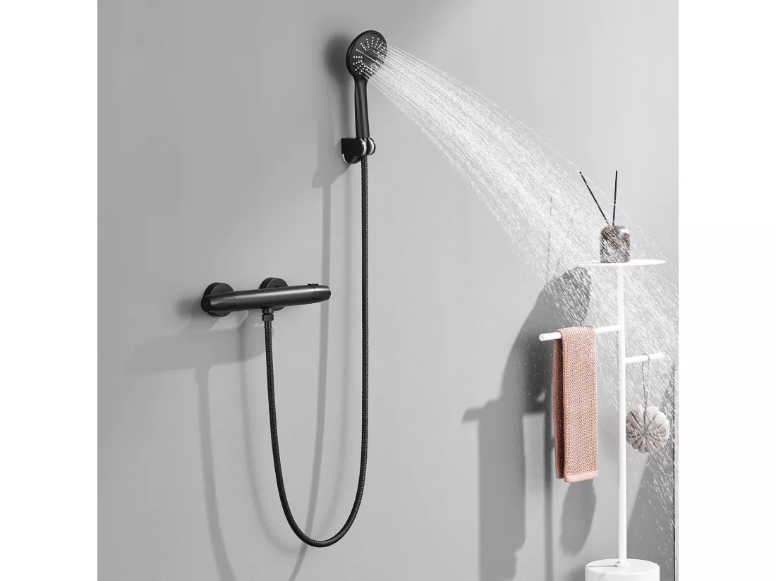 Auralum Max Mitigeur de Douche Thermostatique à Fixation Murale Anti-brûlure, Robinet d'Eau Chaude/Froide,Température Constante de 38°,Noir