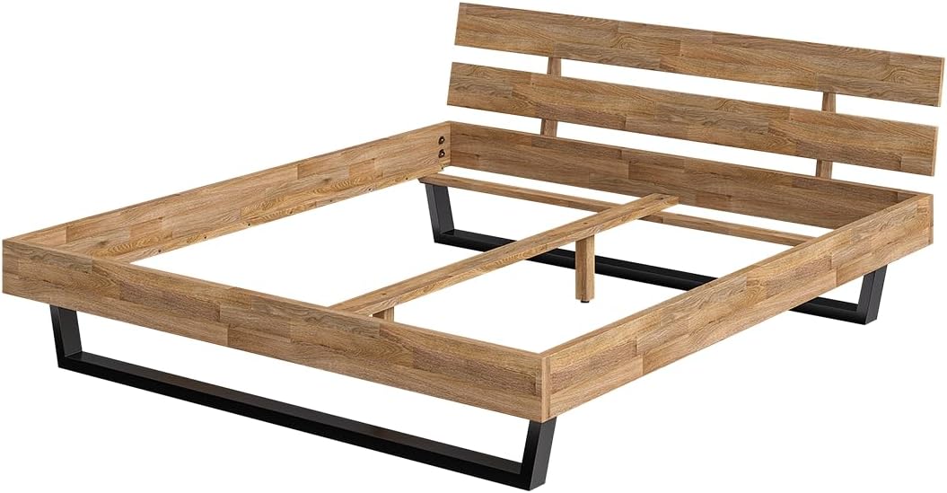 skølm Alver Massivholzbett 180x200 cm – Bettgestell aus Massivholz Eiche geölt – Holzbett mit schwarzen Metallkufen – hochwertiges Bett mit 2 Streben als Bettkopf – Bettrahmen geeignet als Doppelbett