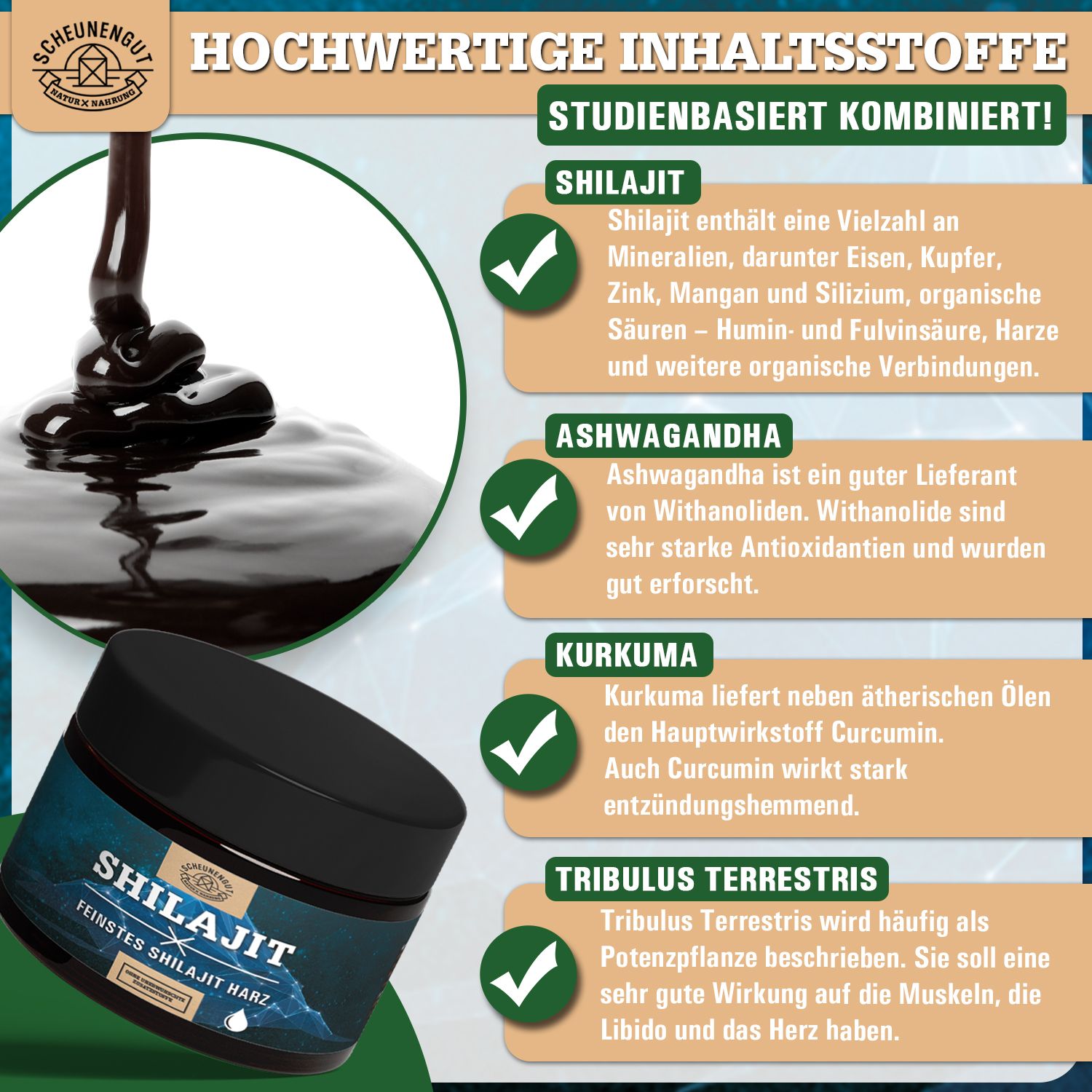 Scheunengut® Shilajit Harz | Das Original mit Dosierlöffel im Glastiegel