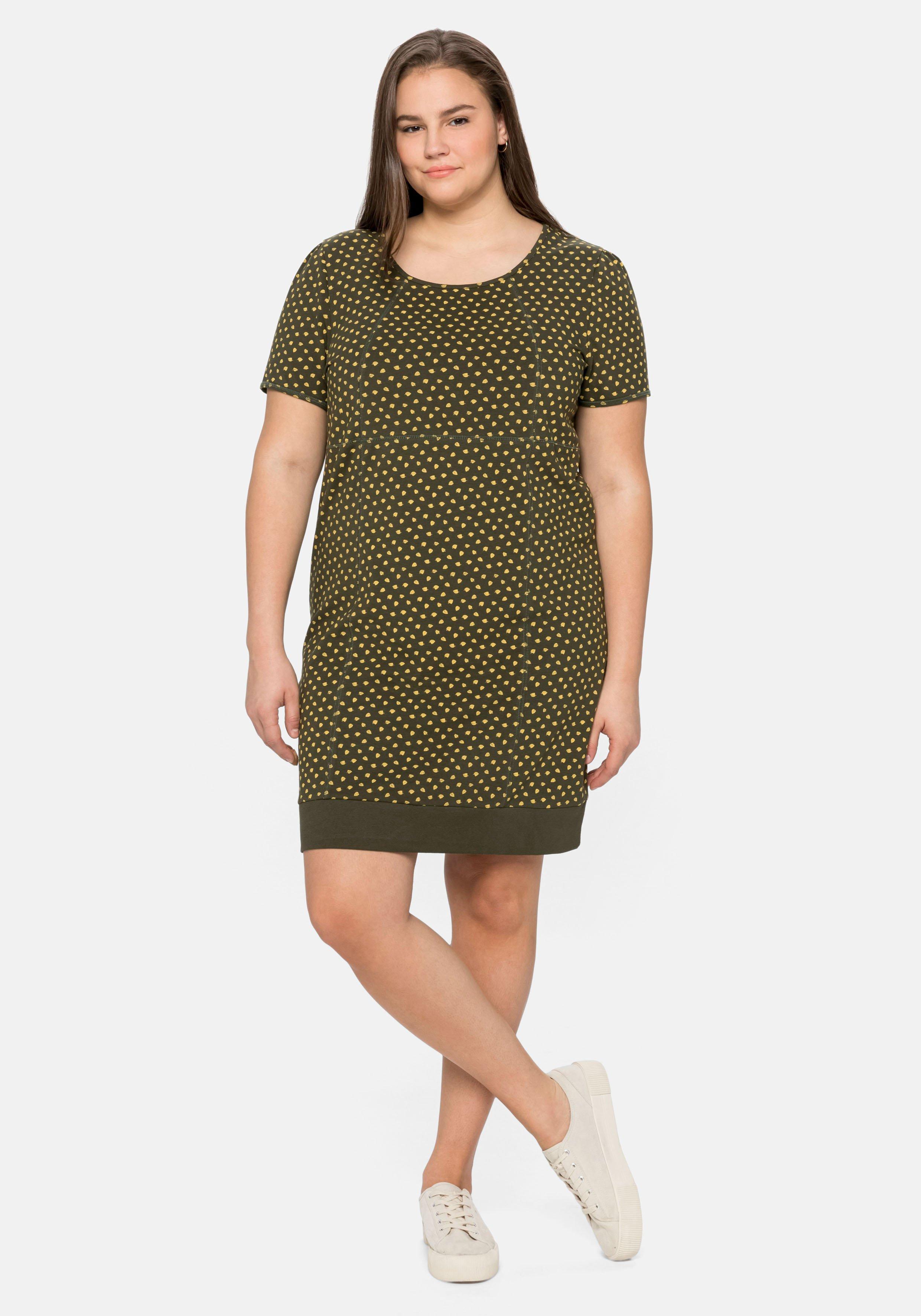 Jerseykleid mit Alloverdruck und Rippbund am Saum
