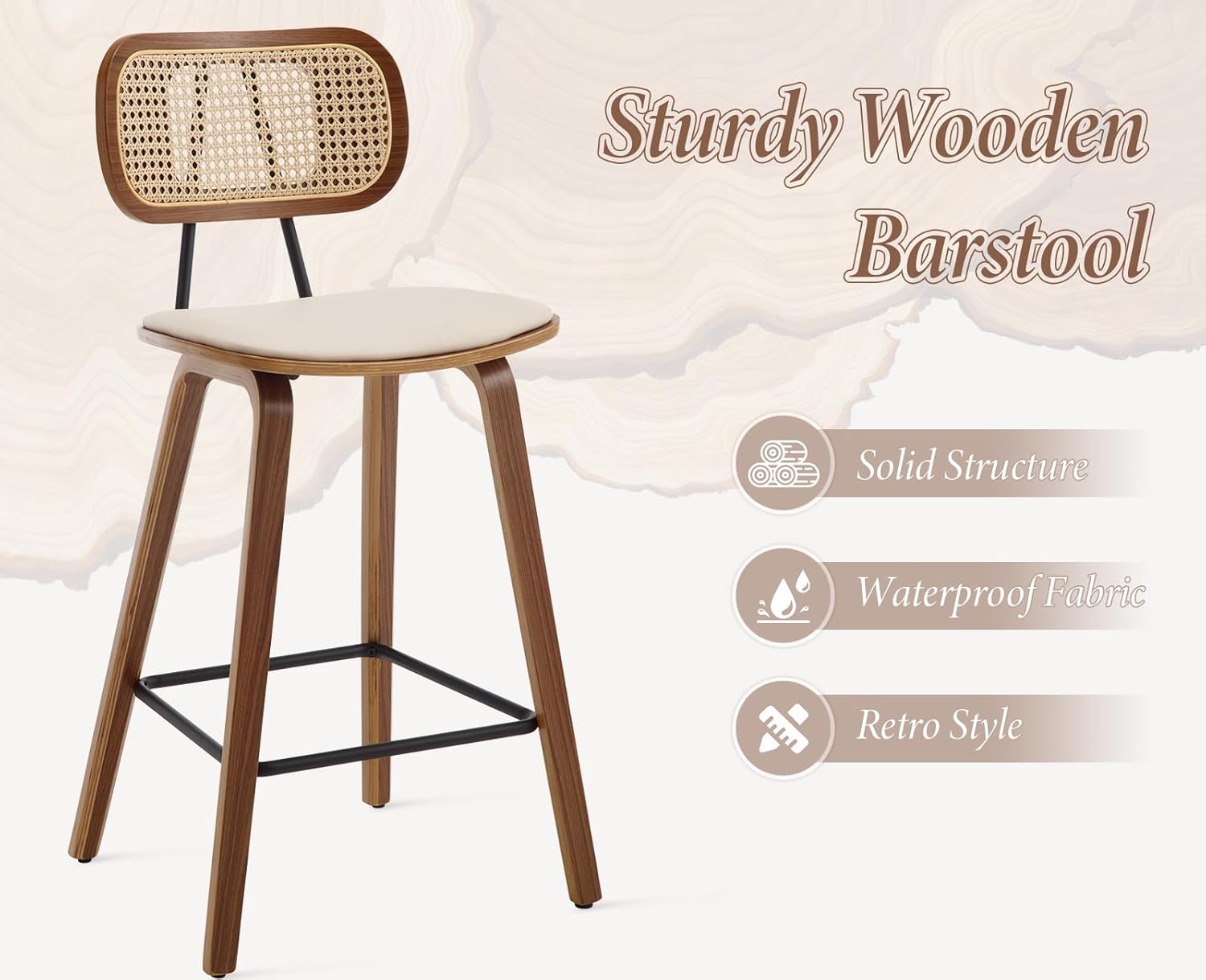 chairus 2er Set Rattan Barhocker für Küche Barstuhl Thekenhocker PU Leder Frühstück Hochhocker mit Holz Beinen für Esszimmer Wohnzimmer (Beige)