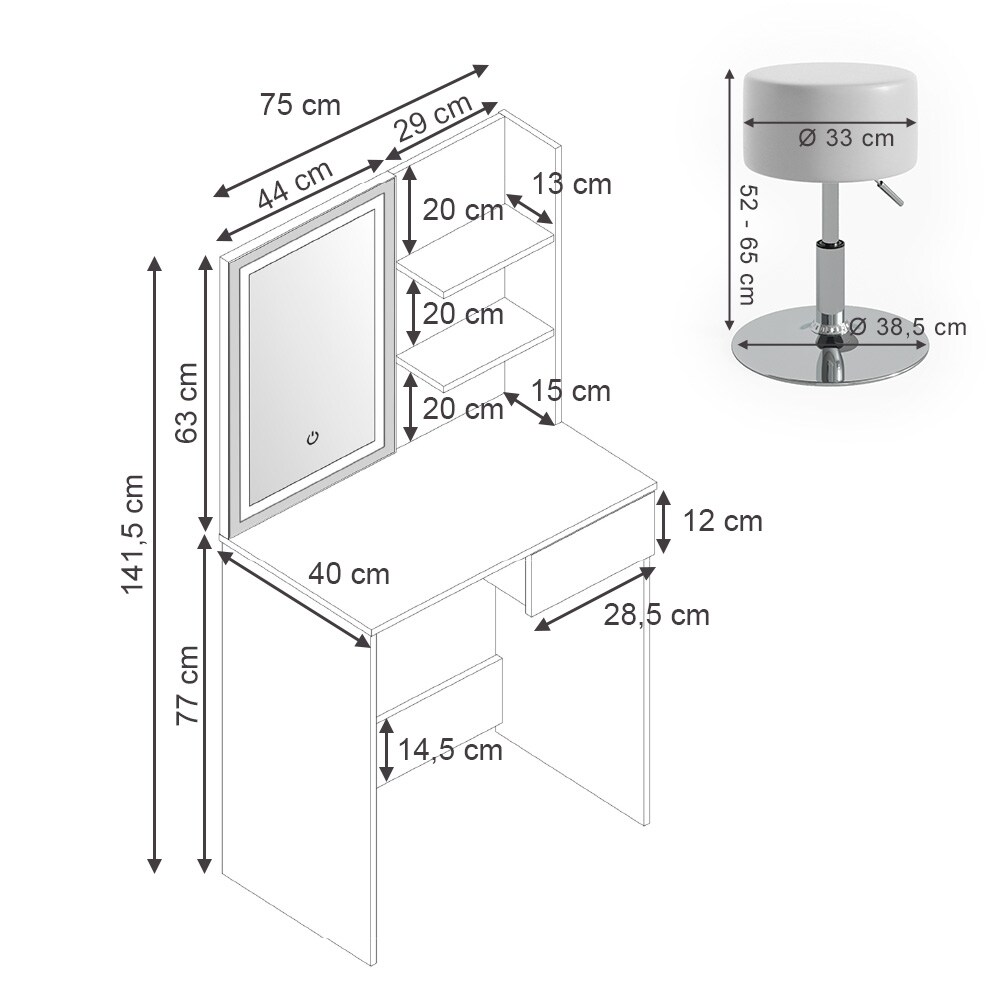 Vicco Schminktisch Frisiertisch Schminkkommode Dekos Weiß LED-Spiegel Hocker 75x142 cm modern Schlafzimmer Kommode Schublade Ablage Aufbewahrung Kosmetiktisch Schminkkonsole Make-Up-Tisch