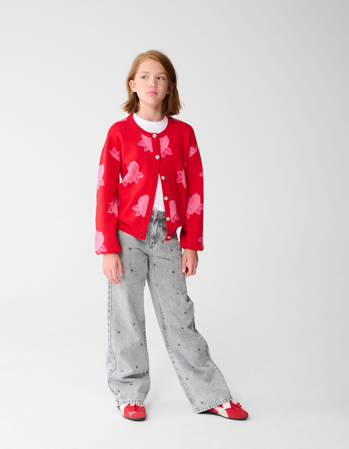 Rose Stud Wide Leg Fit Jeans Lichtgrijs