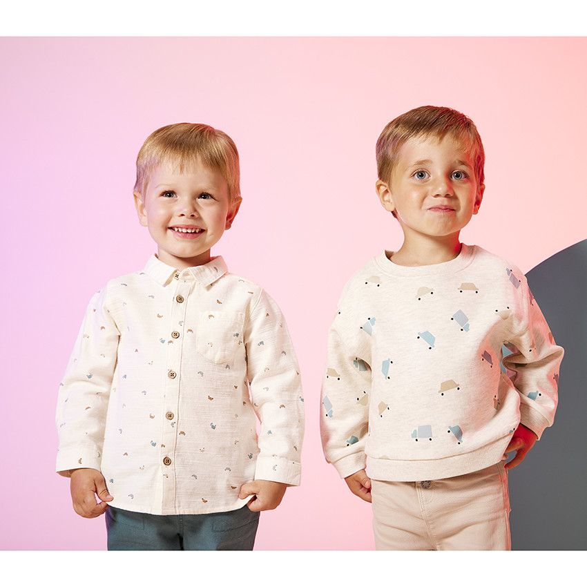 Chemise manches longues imprimé véhicules pour bébé garçon - Ecru