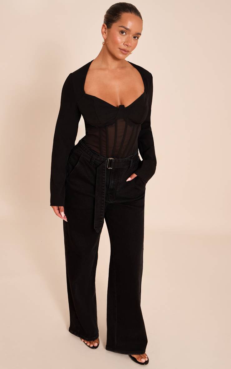 Noir Body Corset Moulant À Manches Longues En Mesh