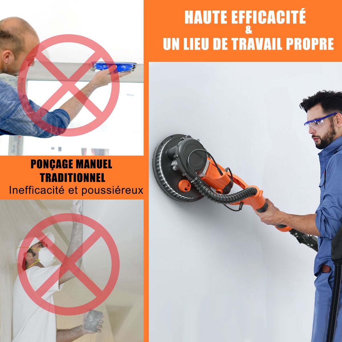 Ponceuse à Plâtre Murale 750W Ø 225mm Aluminium 6 Vitesses Variables Lumières LED Manche Télescopique 12 Disques Abrasifs - Lidl-Manfred