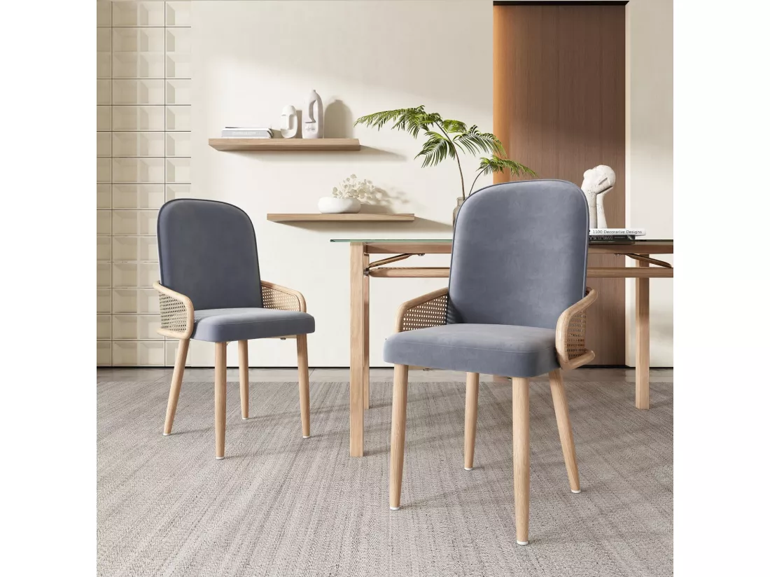 Lot de 6 chaises en métal et rotin, pieds en métal grain de bois, 45x43x90cm, Gris
