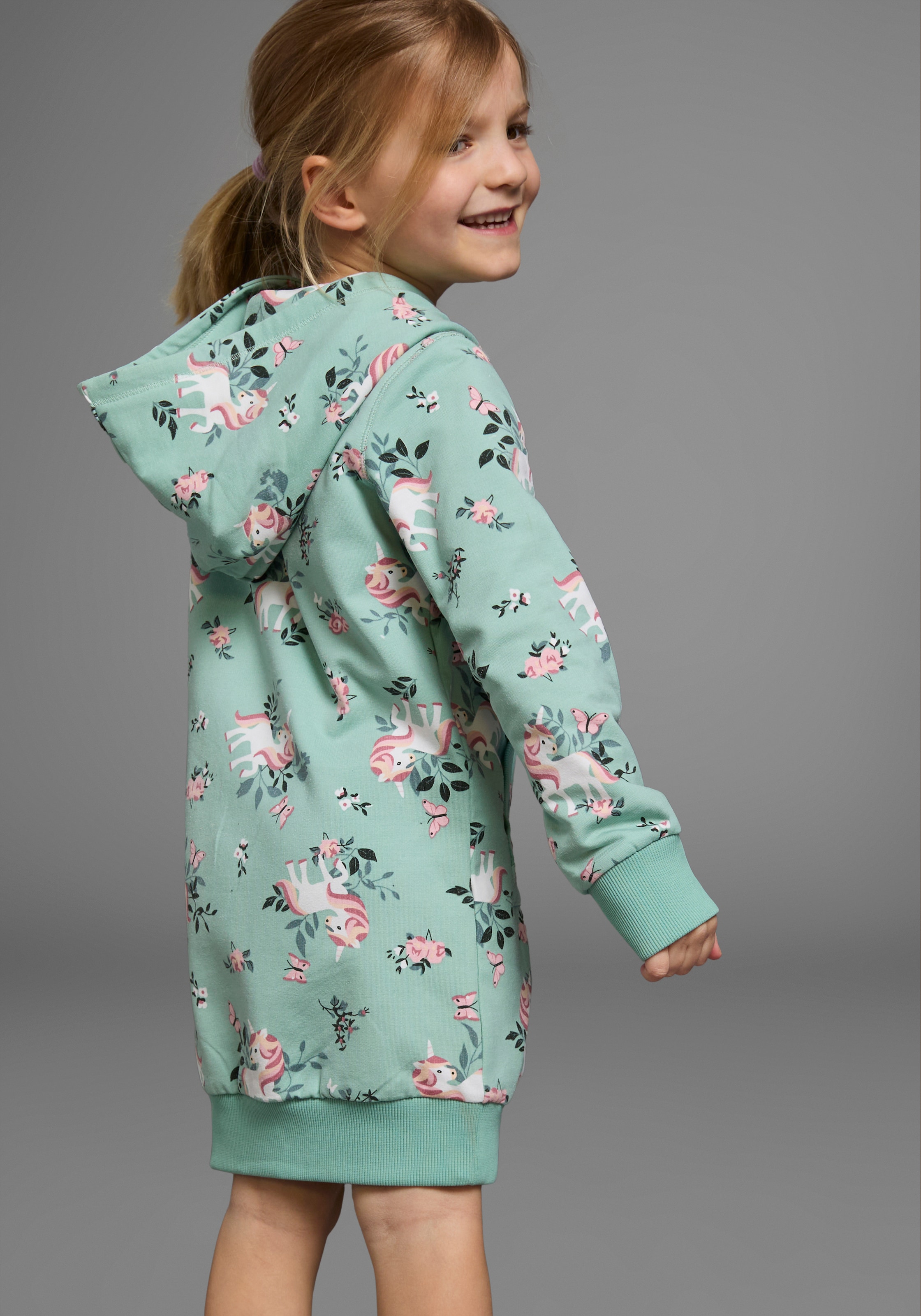 KIDSWORLD Sweatkleid »Einhorn« Kängurutasche bis Mitte des Oberschenkels,  mädchenhafter Style