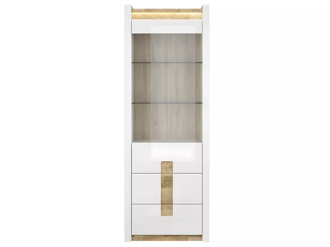Vitrine 1 porte 2 tiroirs avec LED Helios Blanc laqué et Bois