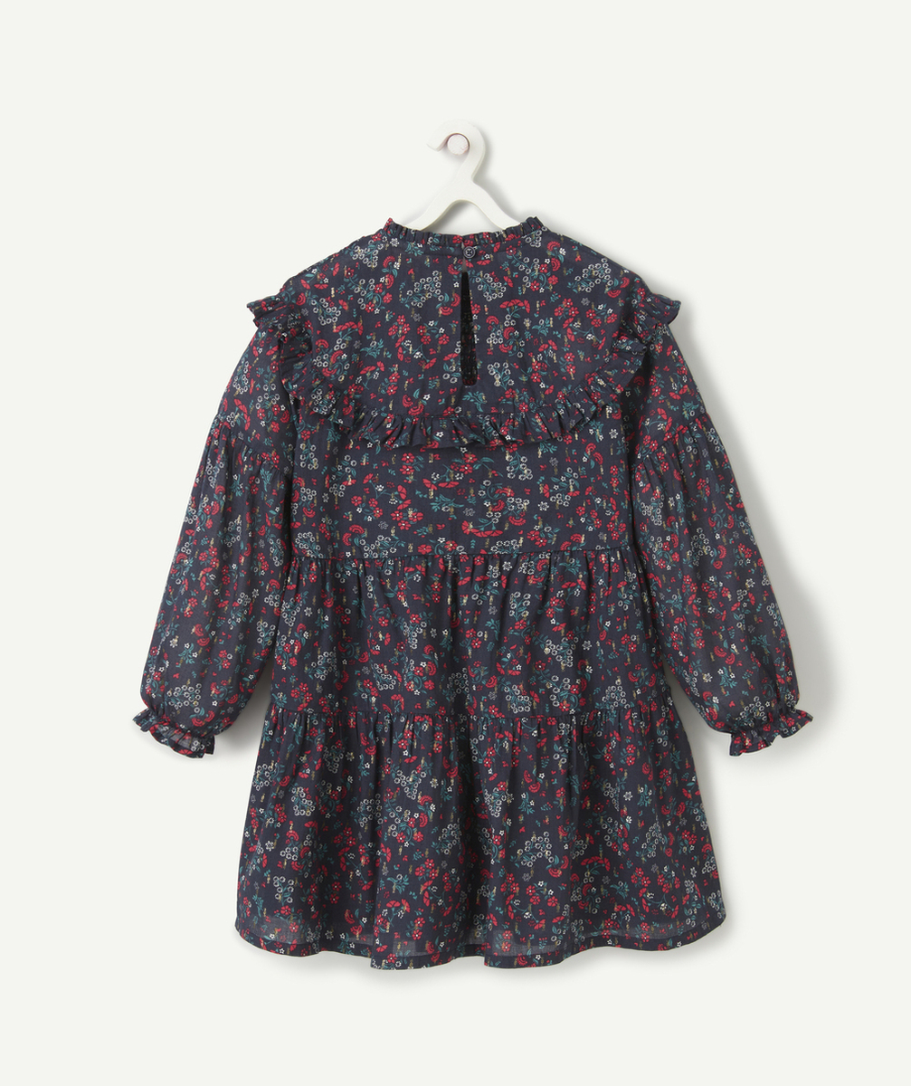ROBE FILLE EN COTON BLEU MARINE IMPRIMÉE FLORAL ROUGE ET VERT