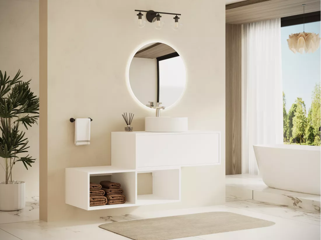 Meuble de salle de bain suspendu blanc avec vasque ronde - 1 tiroir et 2 niches - 94 cm - TEANA II