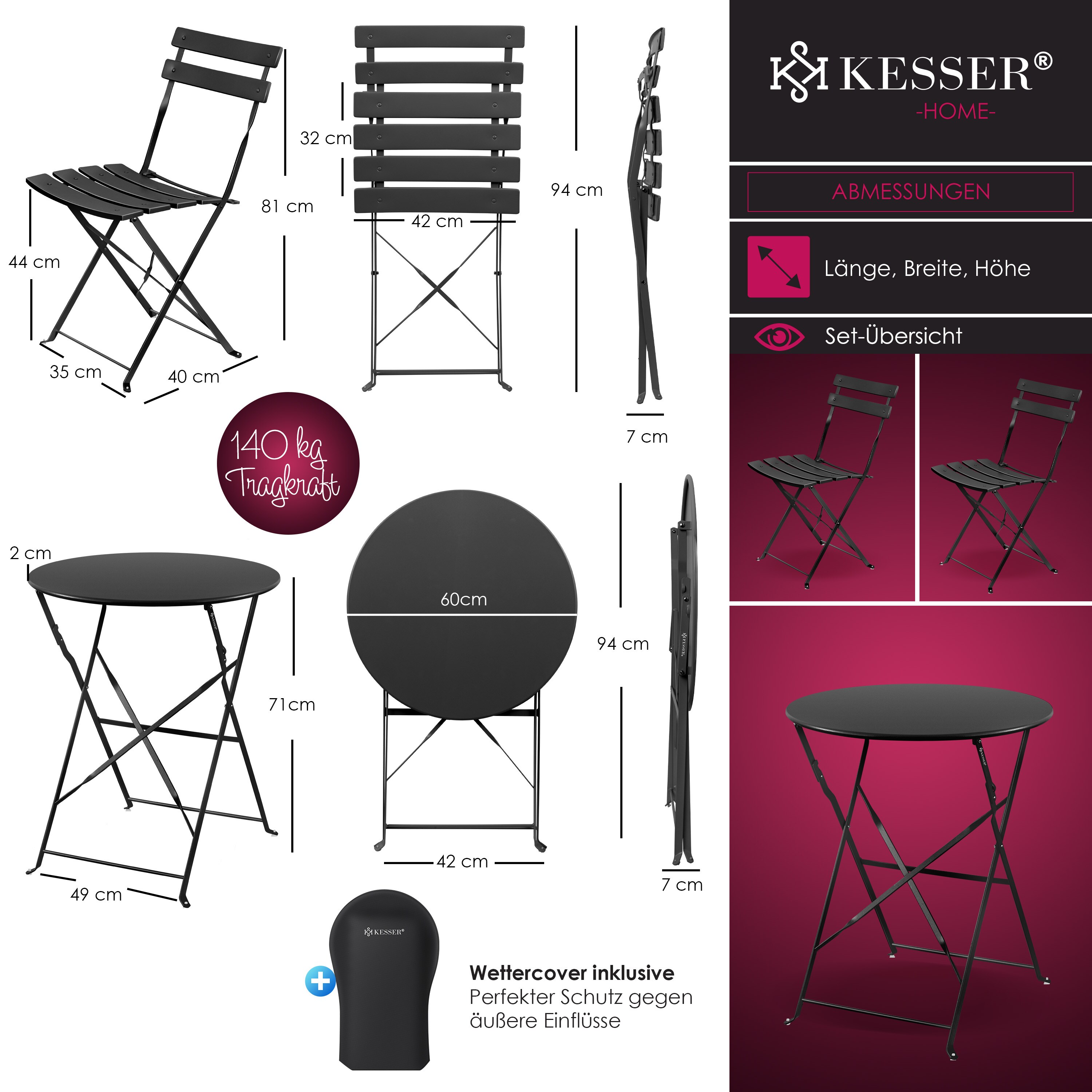 KESSER® Bistroset 3-teilig Bistrotisch mit 2 klappbaren Stühle Set Balkonset Balkonmöbel Klapp-Möbel Gartenset Sitzgarnitur Gartengarnitur Gartenmöbel Sitzgruppe Metall Bistro Gartentisch inkl. Abdeckung