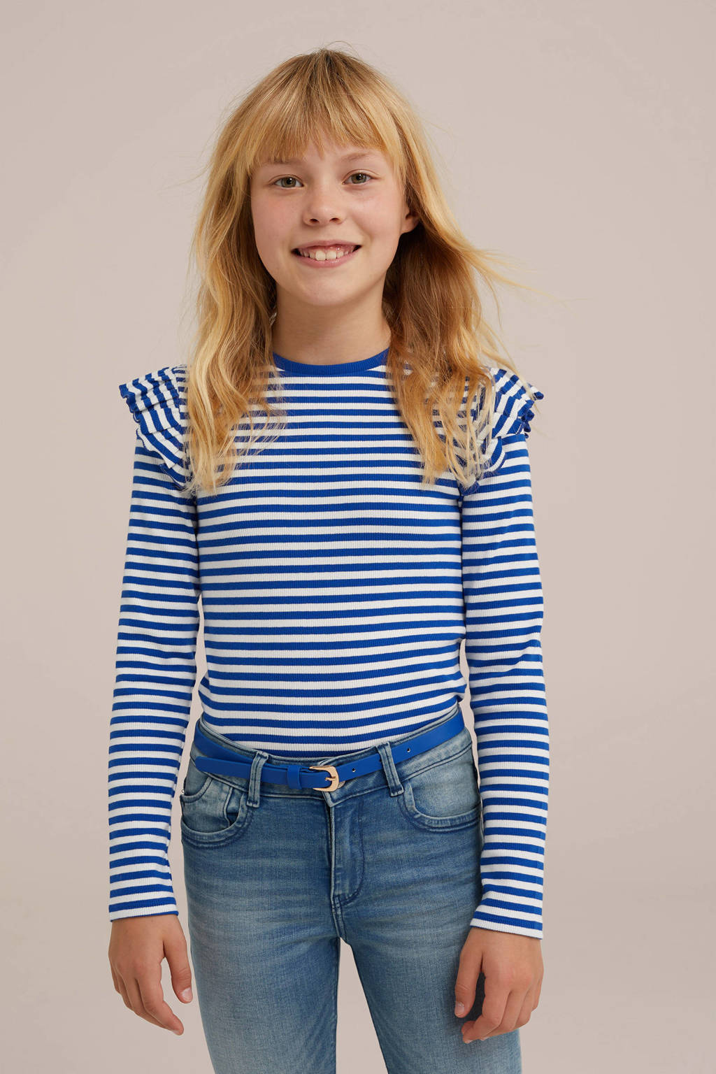 WE Fashion gestreepte longsleeve blauw/wit