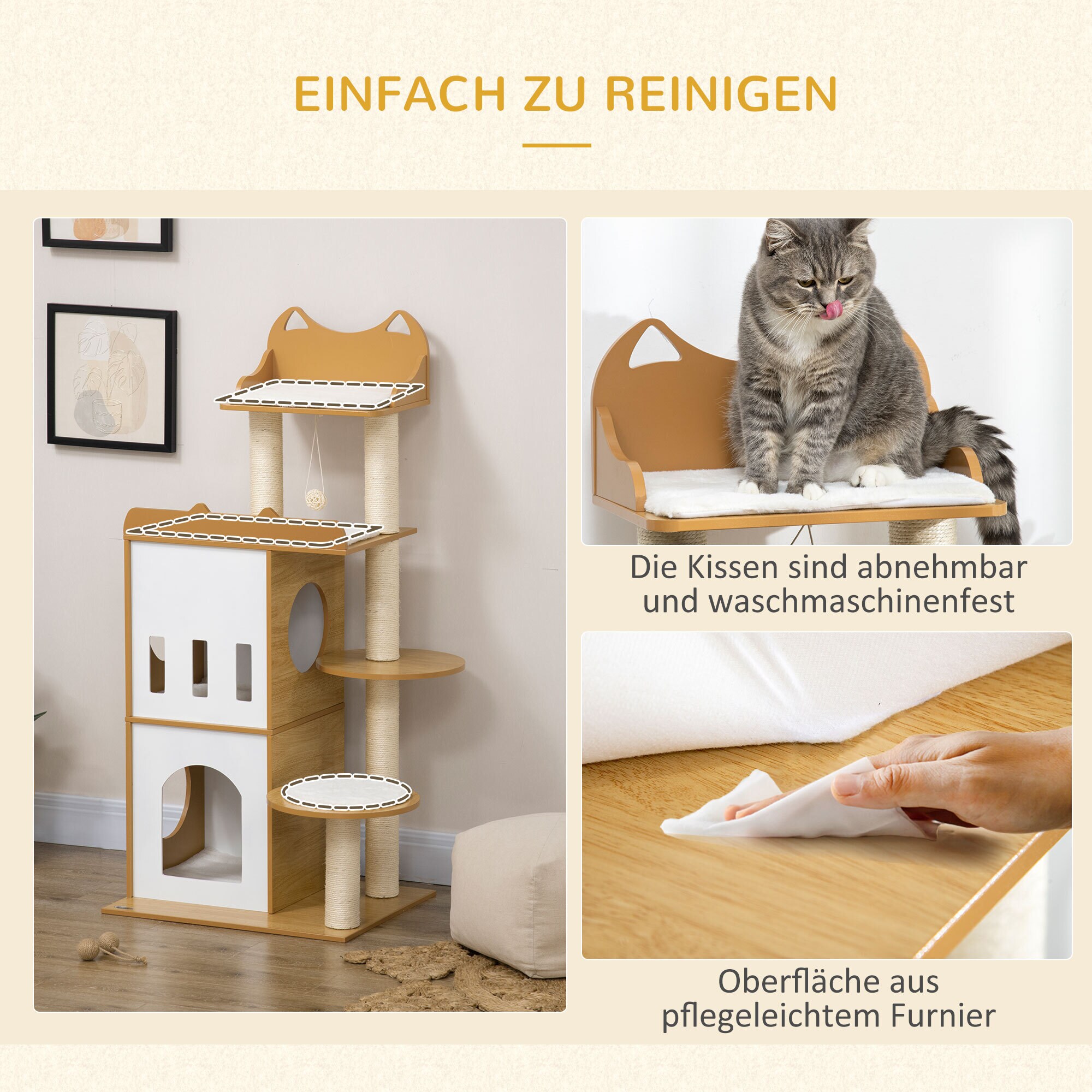 PawHut Kratzbaum mit Katzenhöhle und mehreren Ebenen weiß, natur 60L x 48B x 133H cm