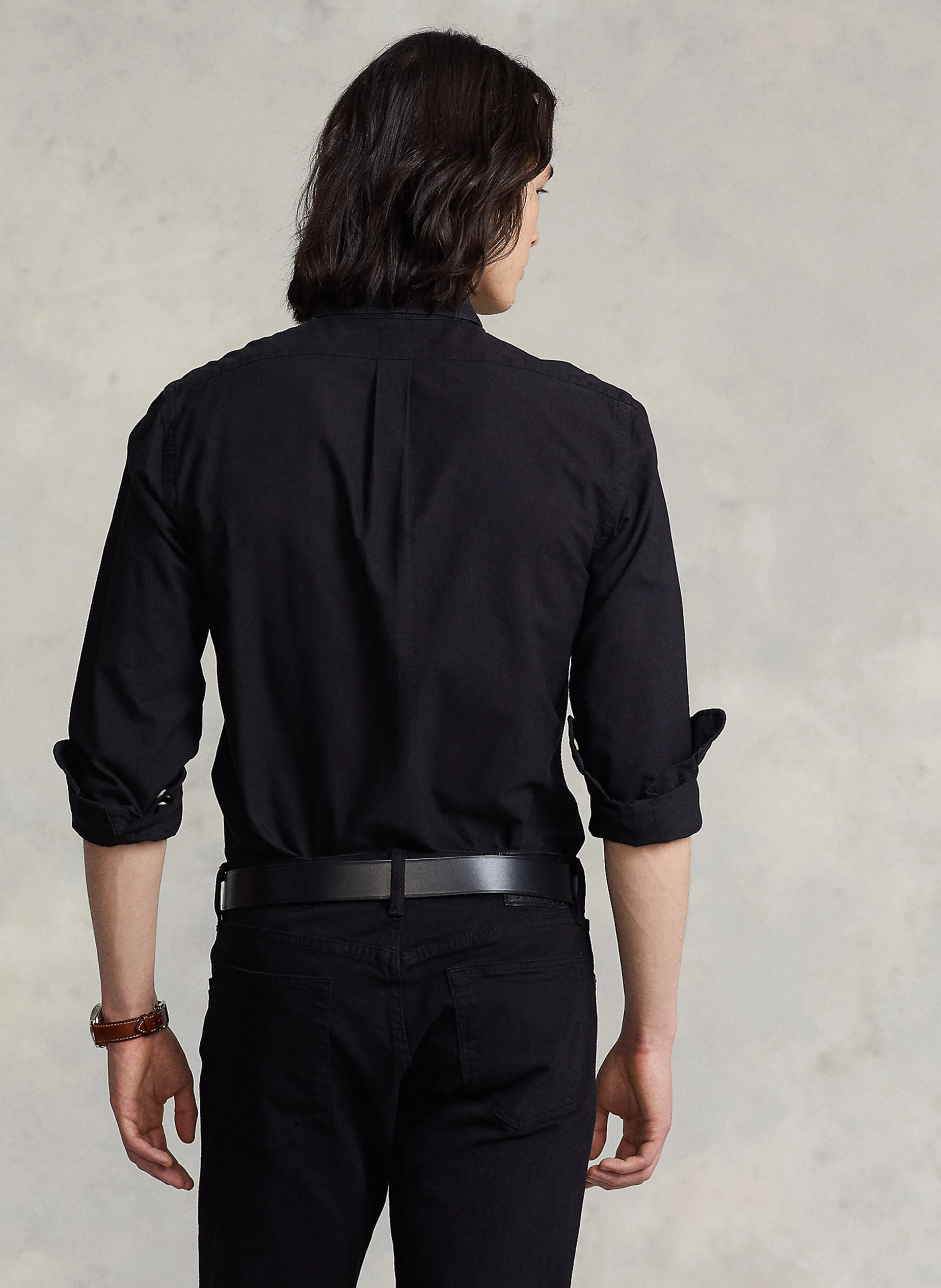Chemise col classique slim-fit brodée en coton | Noir