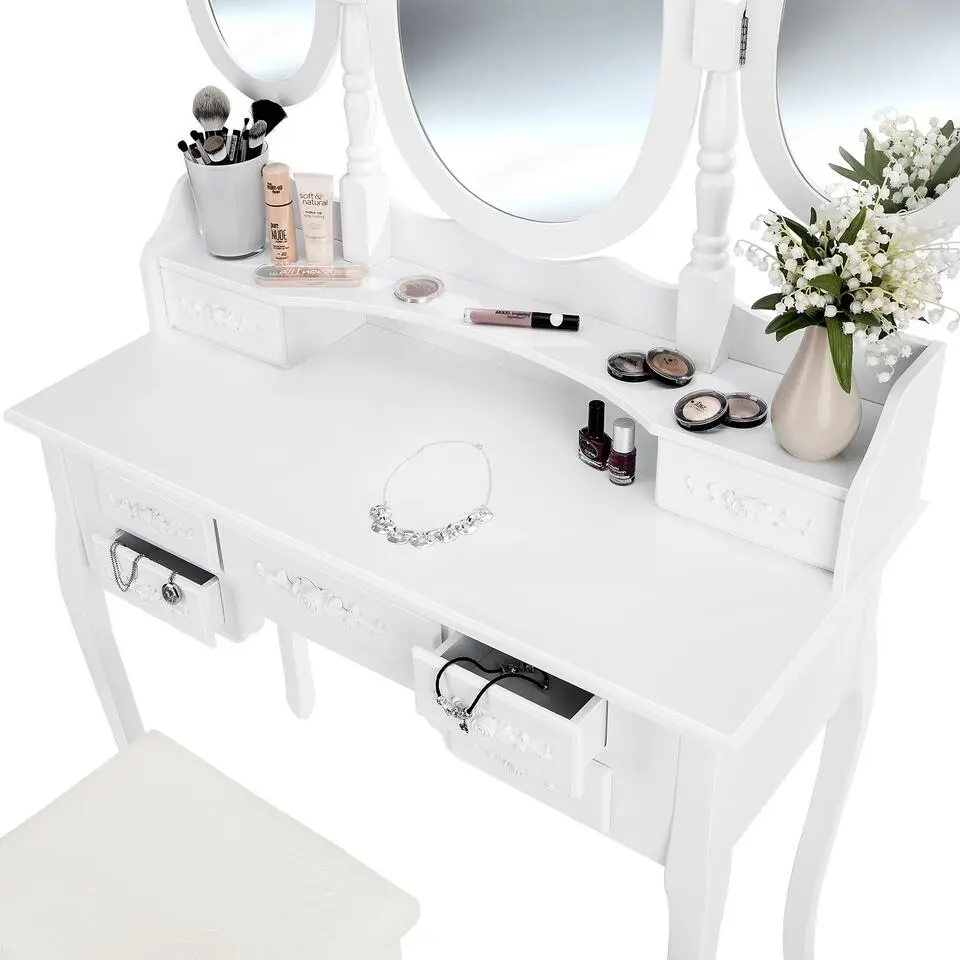 tectake Makeup-tafel met 7 lades, spiegel en hocker in antieke look, Wit