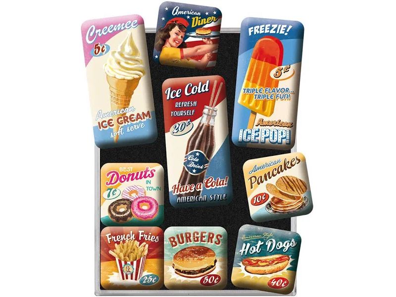 Nostalgic Art Hakenmagnet American Diner 9 Stück, Mehrfarbi Dekorative Magnete für Kühlschrank oder Magnetwand