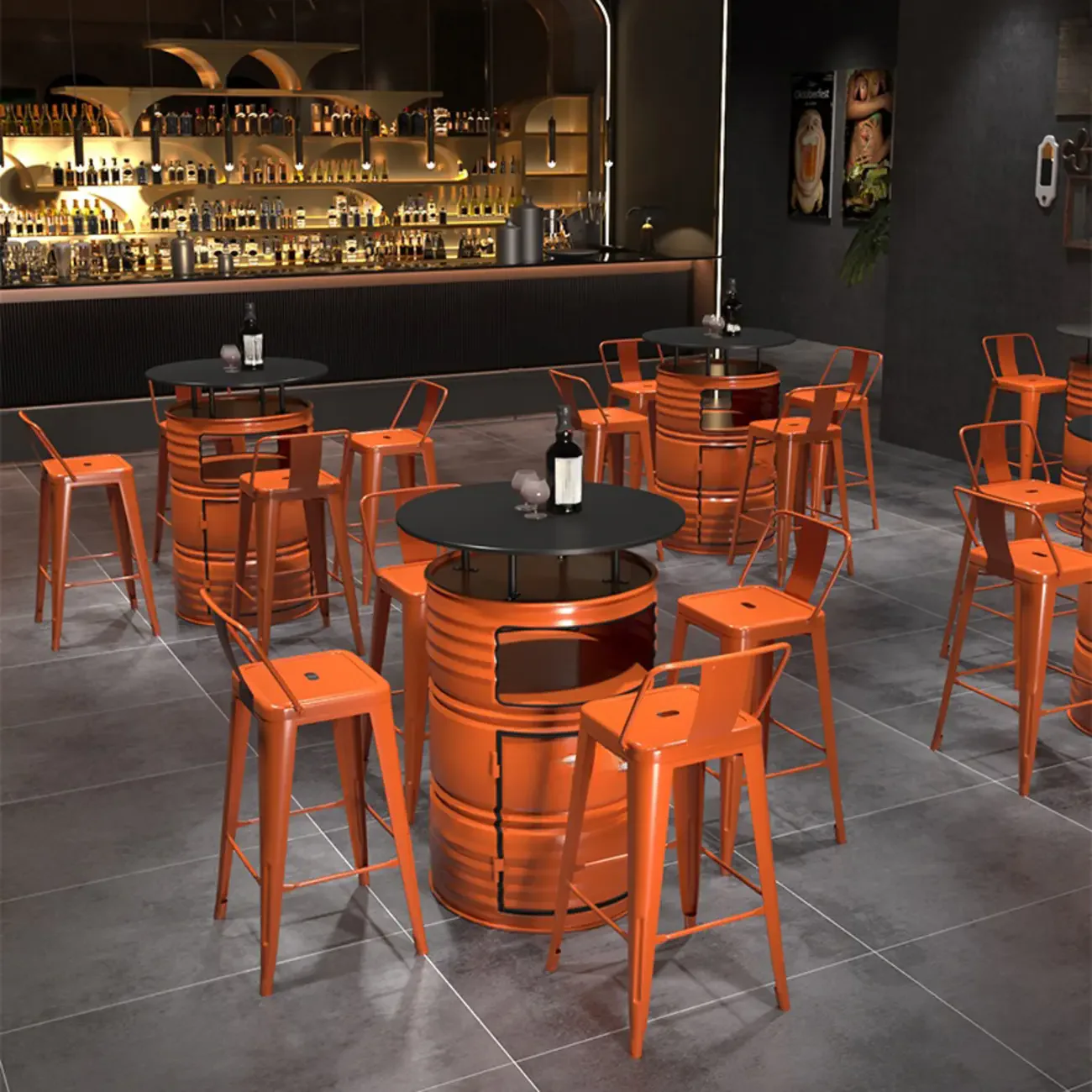 Industrial Black Orange Metal Drum Storage Bar Tables