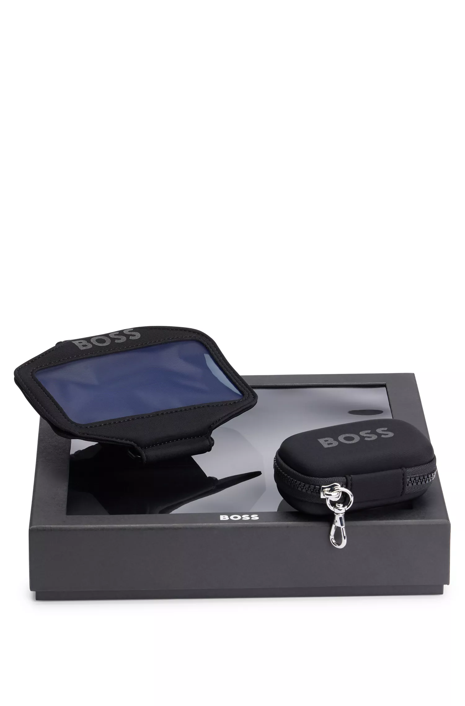 Conjunto de corrida BOSS preto, em caixa de presente, com suporte para celular e estojo.