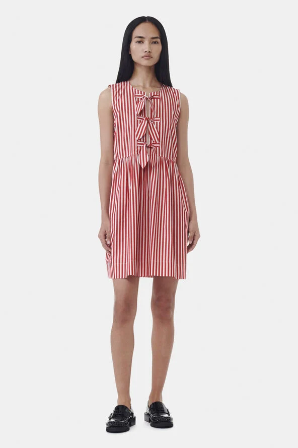 Ganni Stripe Cotton Mini Bow Tie Dress Barbados cherry