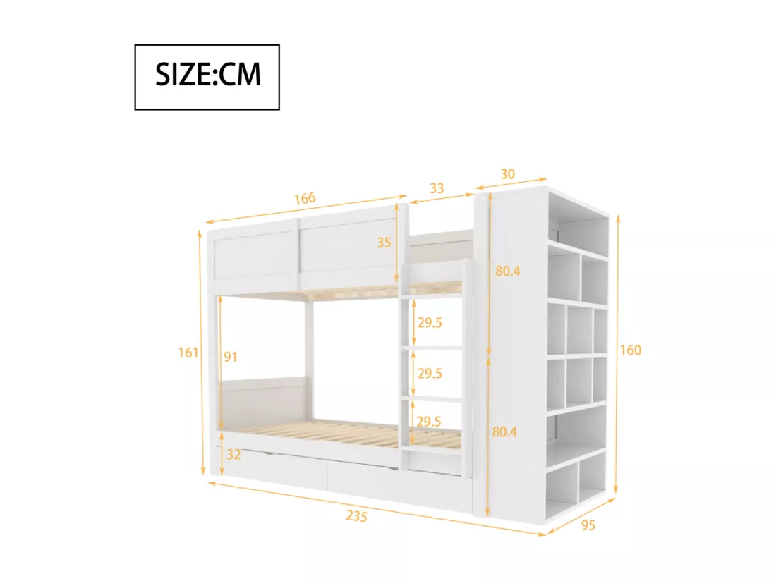 lit superposé 90 x 200 cm,lit enfant avec meuble de rangement, deux tiroirs de rangement, sommier à lattes,blanc