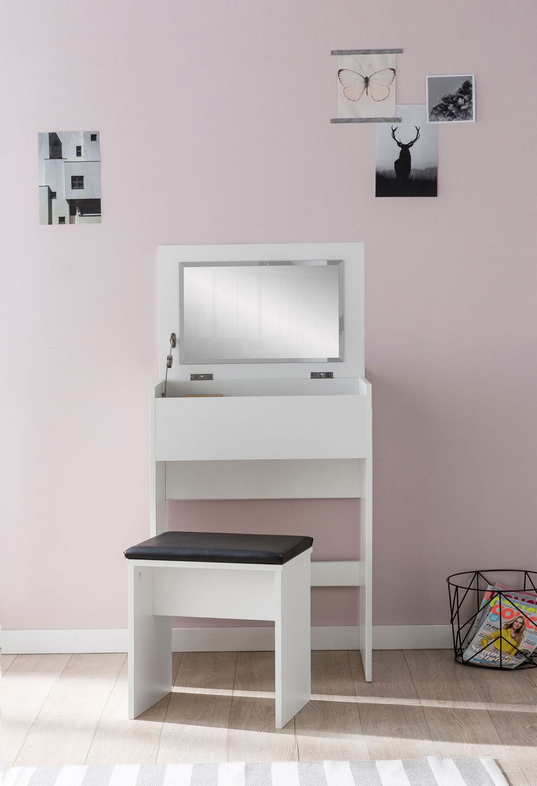 Schminktisch mit Hocker und Spiegel 60 x 81 cm weiß