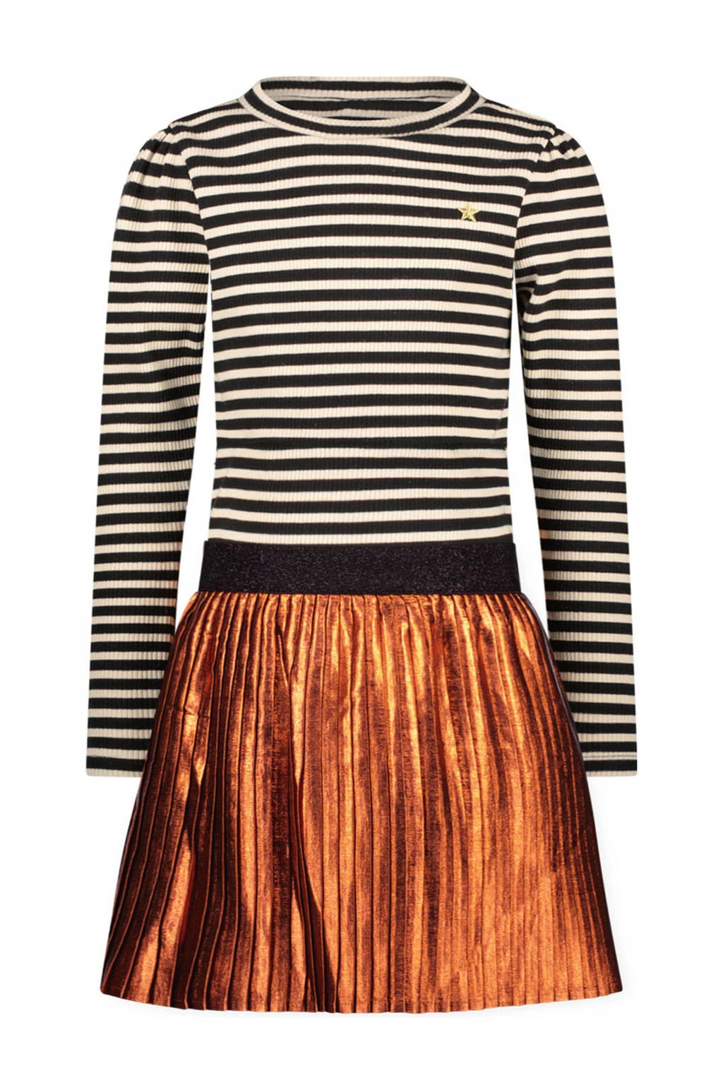 Like Flo gestreepte ribgebreide jurk Mira oranjebruin/zwart/offwhite