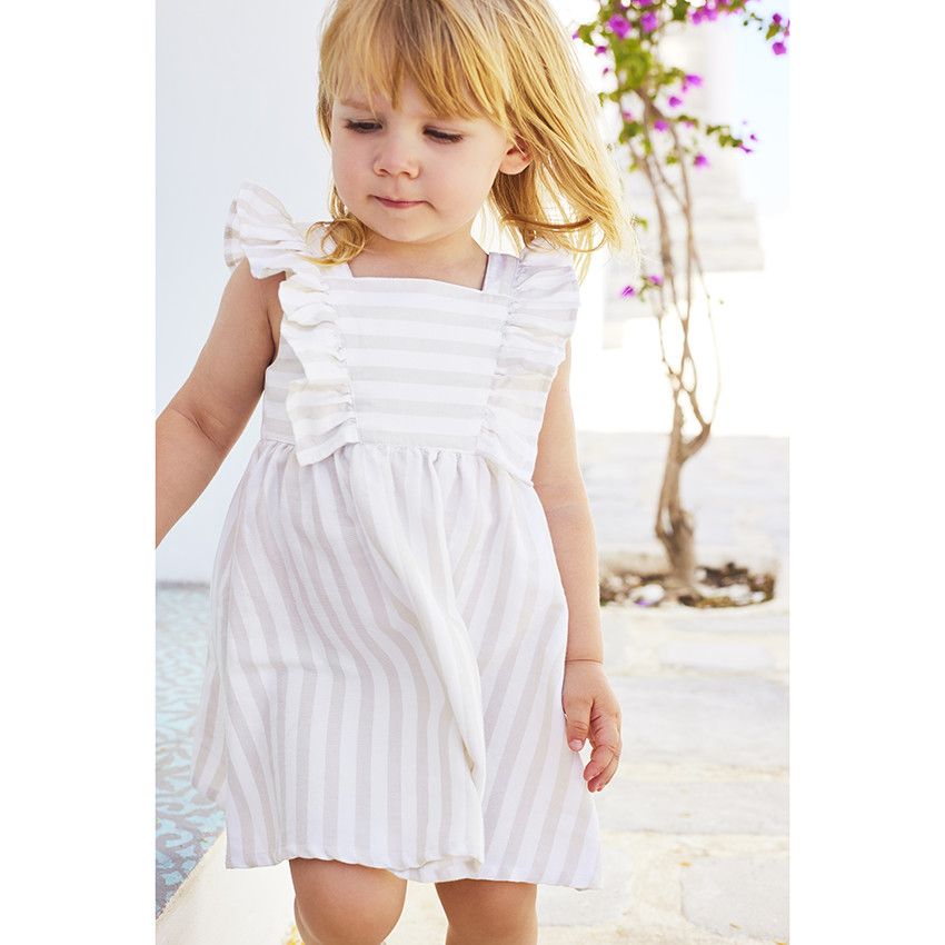 Robe manches courtes volantées à rayures pour bébé fille - Ecru
