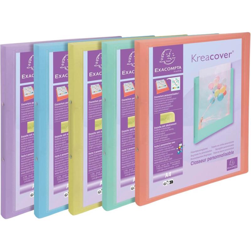 Classeur 2 anneaux 15mm polypropylène Kreacover Pastel - A4 - Couleurs assorties