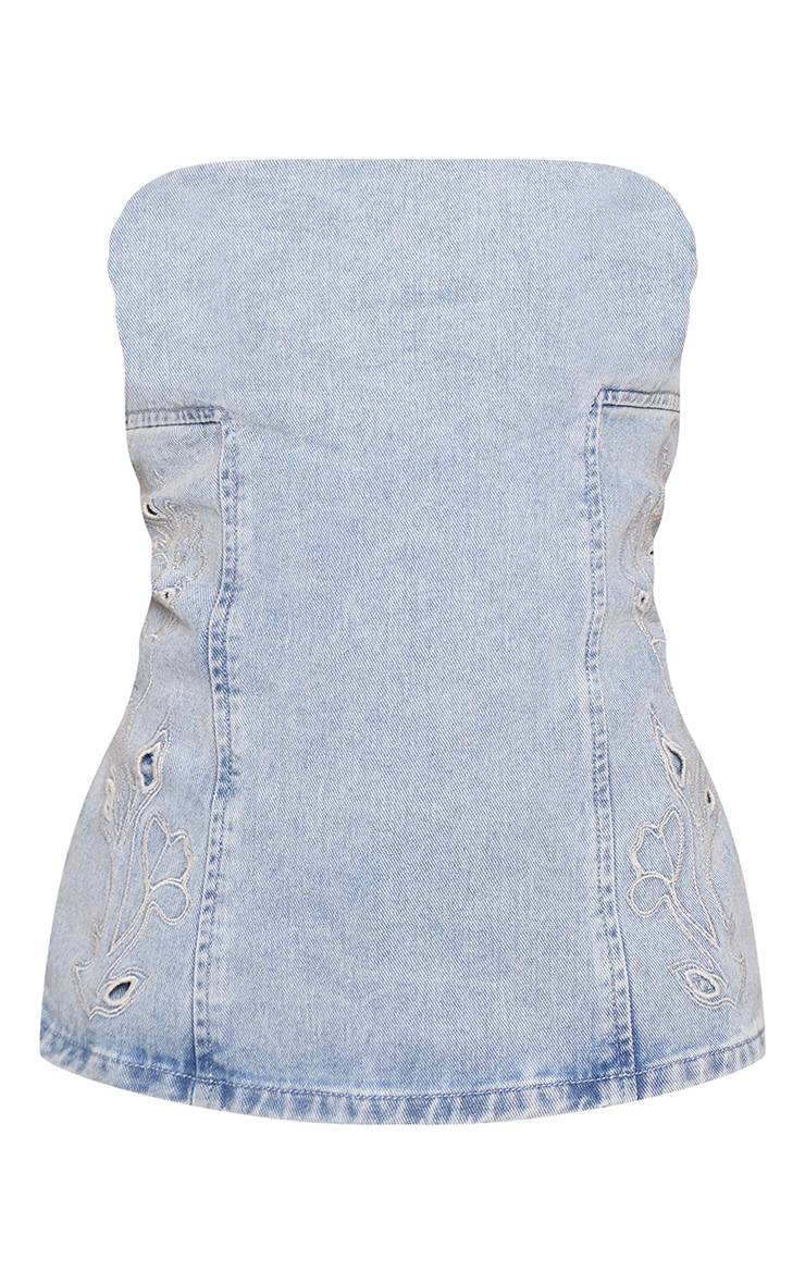 Mid Blue Wash Top Bandeau Long En Jean Bleu Moyen Avec Détails Brodés