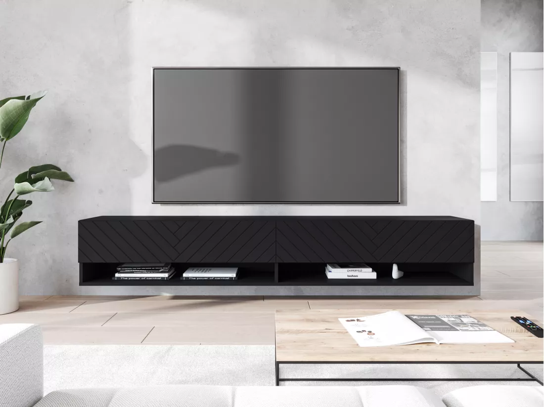 Meuble TV - 180 cm - noir graphite/noir à chevrons - avec LED - WANDER