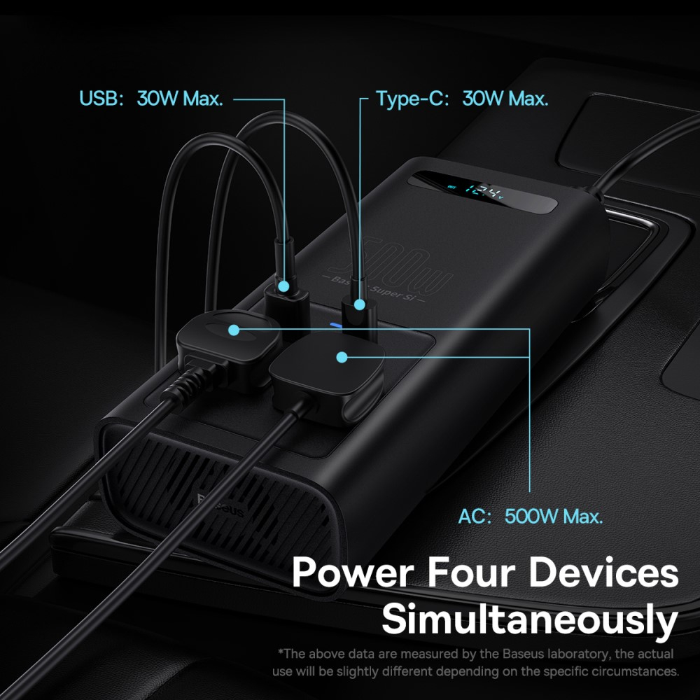 500W Spannungsumwandler 2x AC Steckdosen / 1x USB C / 1x USB A   Auto Batterie Klemmen - Schwarz