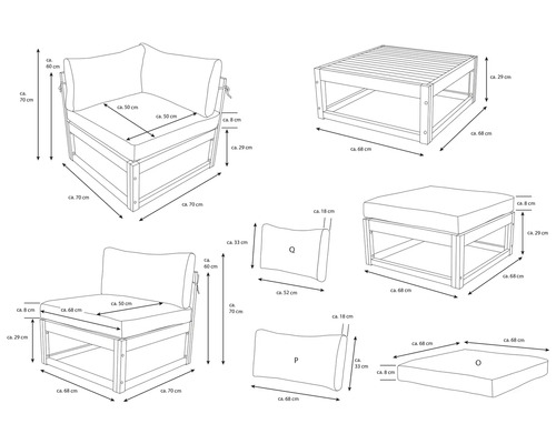 Loungeset voor 4 personen bestaande uit: fauteuil, kruk, houten tafel inclusief kussens