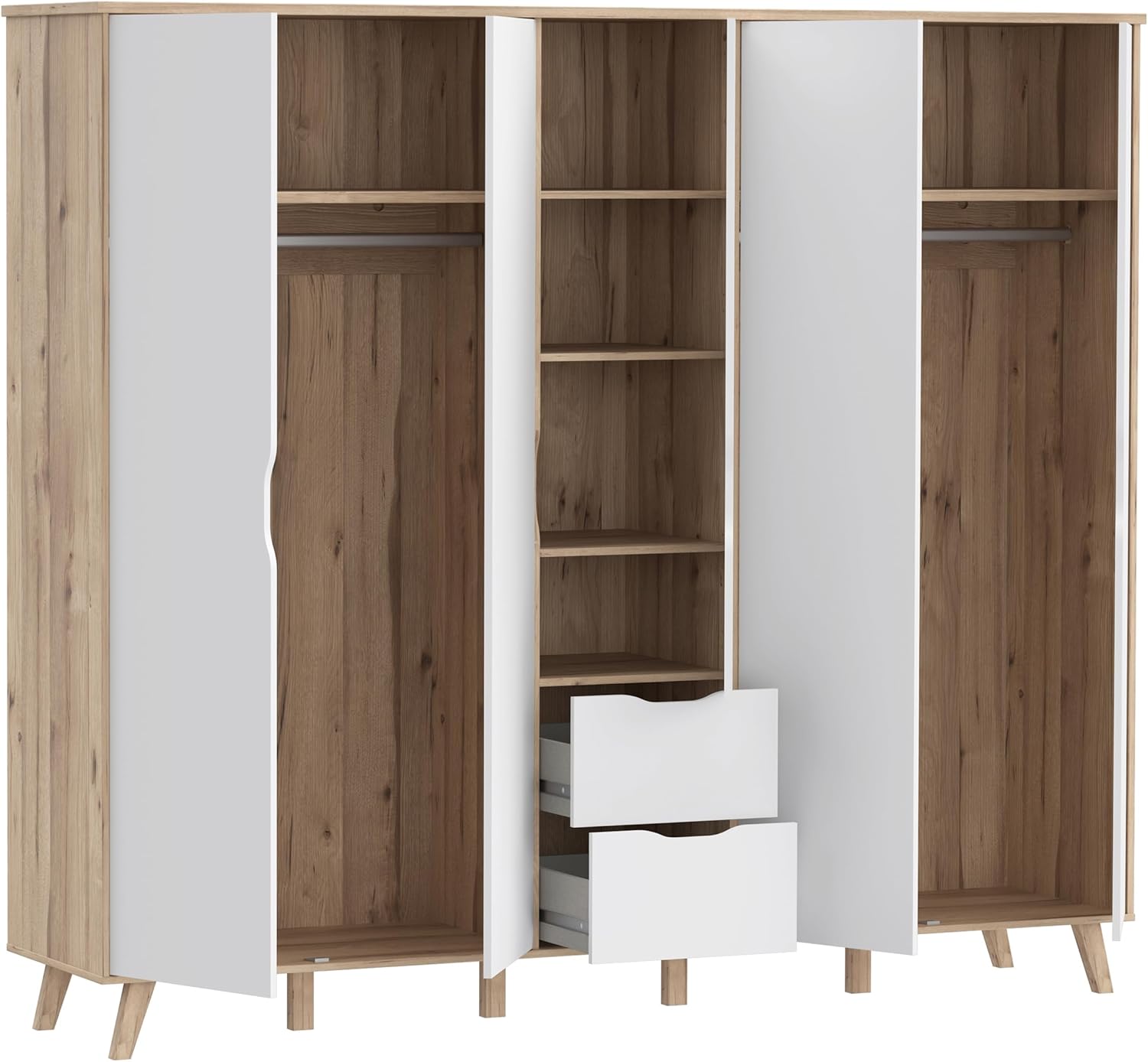 Forte VANKKA Kleiderschrank 230, Skandi Schrank mit 5 Drehtüren und 2 Schubladen, Filigrane Möbelbeine, Holzwerkstoff, Planked Eiche Holzdekor | Weiß, 228,8 cm breit x 201,5 cm hoch x 52,7 cm tief