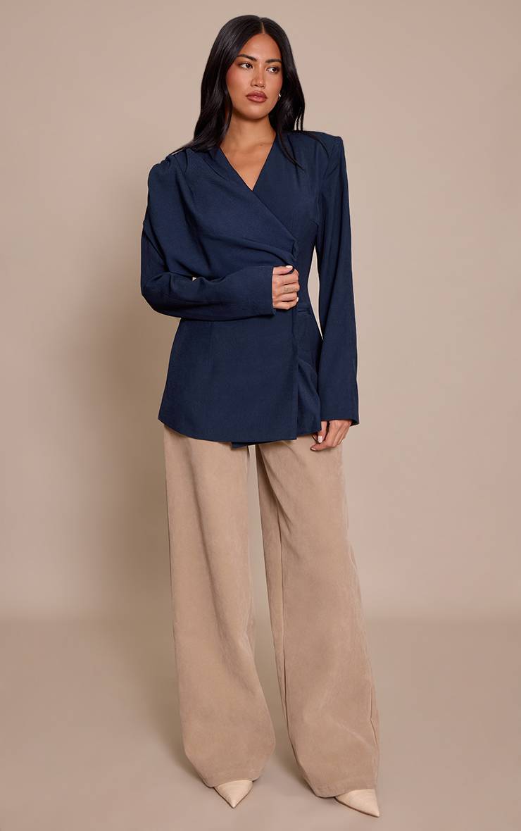 Bleu Marine Blazer Cintré À Drapé D'épaule