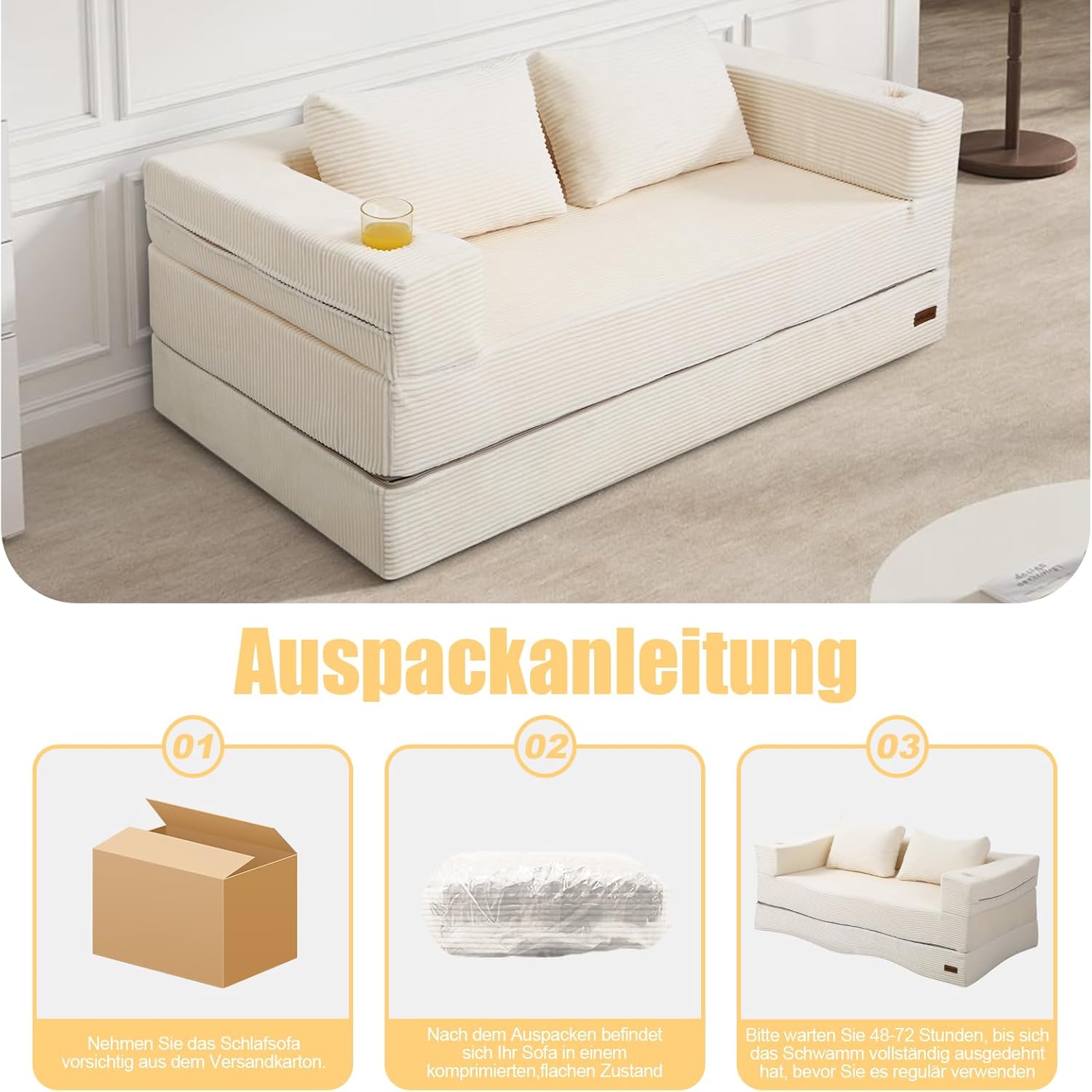MeMoreCool Boneless Futon-Schlafsofa, faltbares Bodensofa mit Kissen, klappbares Cord-Schlafsofa, ausklappbares Zweisitzer-Sofa für Wohnzimmer und kleine Räume, Beige