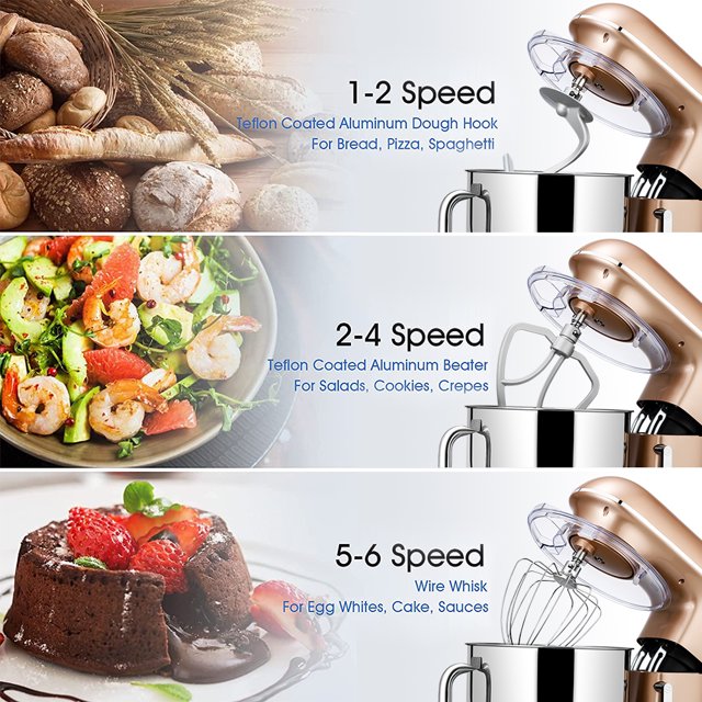 Batedeira de pedestal uhomepro de 7,5 QT para cozinha, 6 velocidades + 0 + P, cabeça inclinável, 660 W, batedeira elétrica para massa, uso doméstico e comercial, com gancho para massa, batedor, batedor de ovos, espátula, própria para lava-louças.