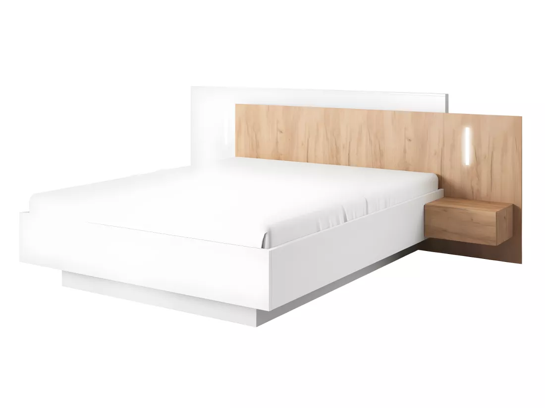 Lit coffre avec chevets 160 x 200 cm - 2 tiroirs - Avec LEDs - Coloris : Blanc et naturel - FRANCOLI