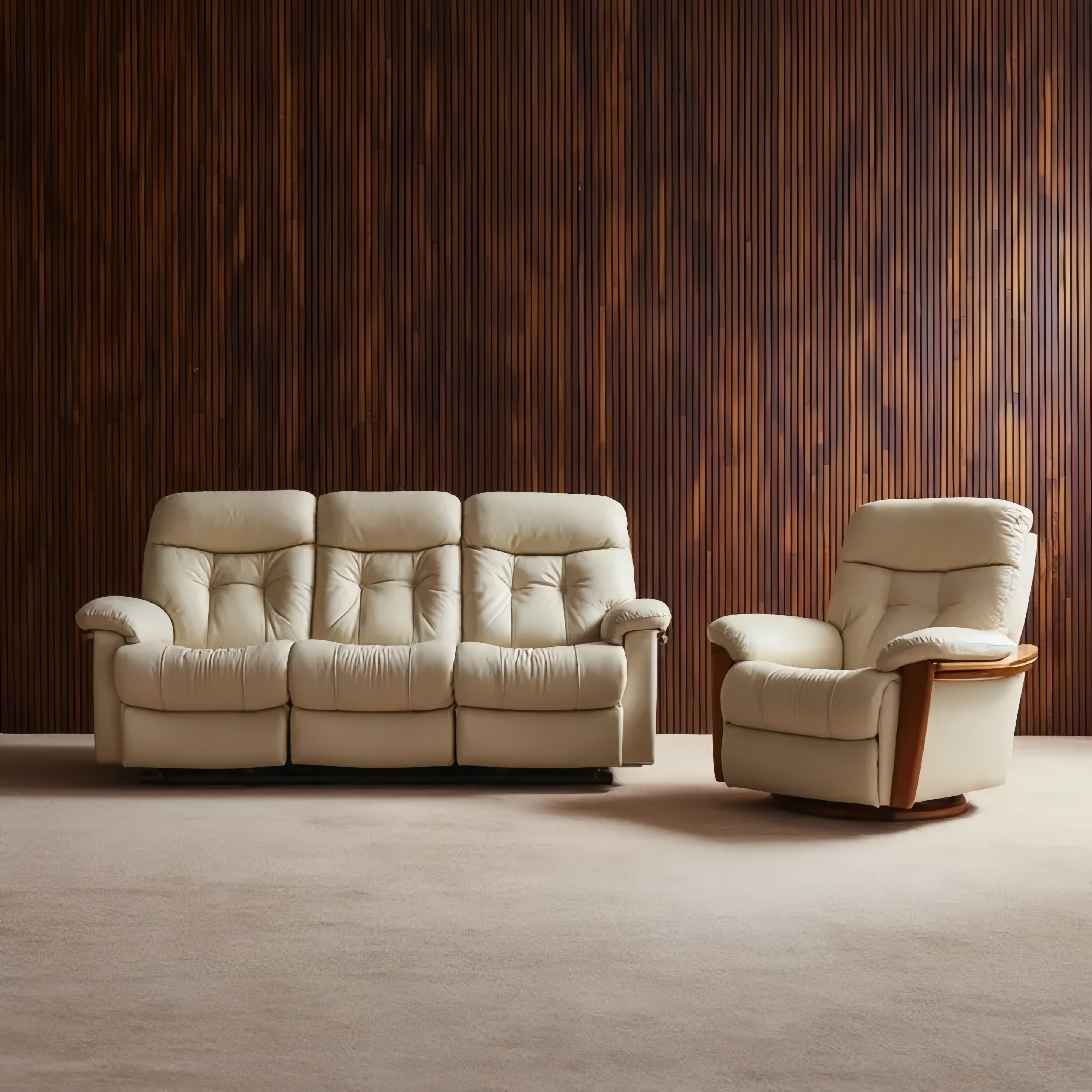 Sofa-Set 210x90x95 cm und Sessel 95x90x95 cm Leder gepolstert – Cremeweiß – Klassisches Design