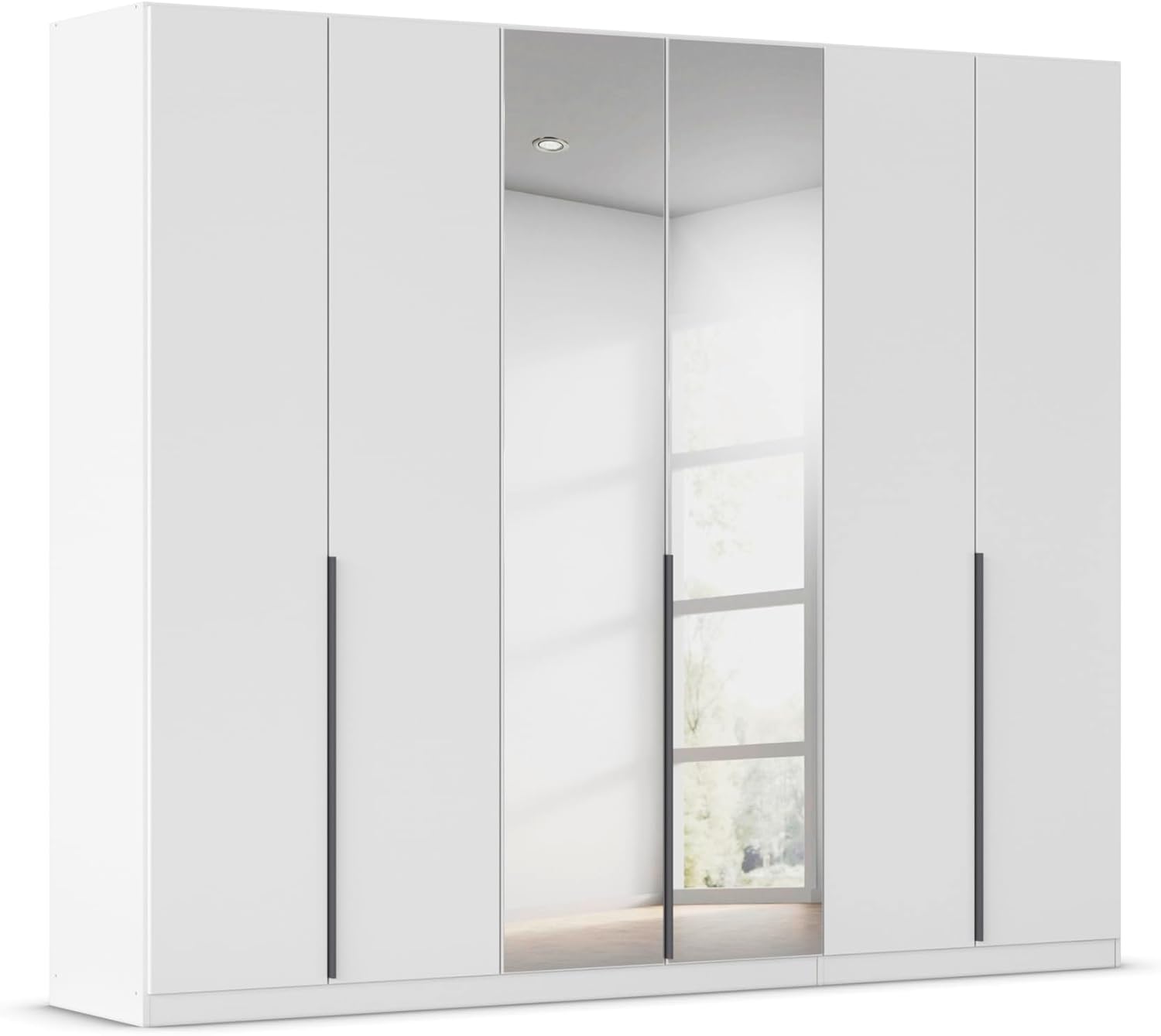 Rauch Möbel Alabama, Kleiderschrank, Garderobenschrank, 6-türig, Spiegel, Zubehör Classic, 3 Kleiderstangen, 9 Einlegeböden, Farbe Weiß, Griff Grau metallic, 271x229x54cm