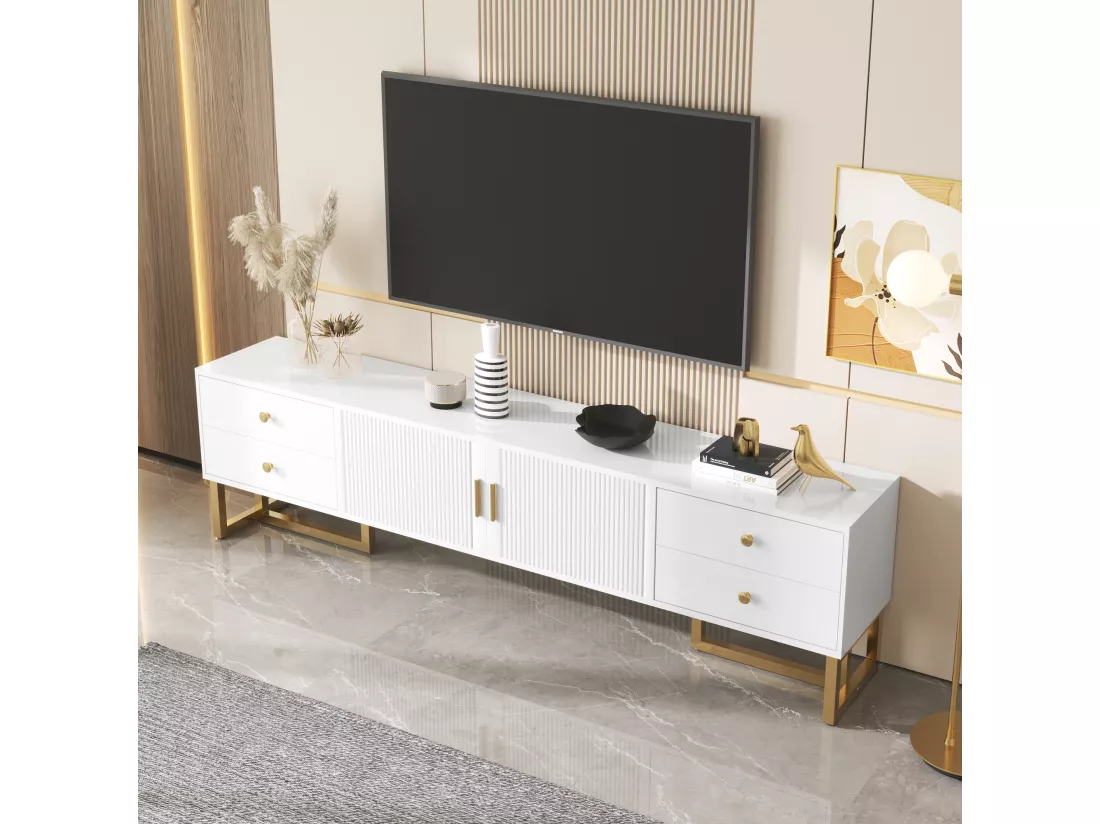 Meuble TV avec 2 portes et 4 tiroirs - 175 x 30 x 46 cm - bois MDF, pièds et poignées en métal doré - blanc