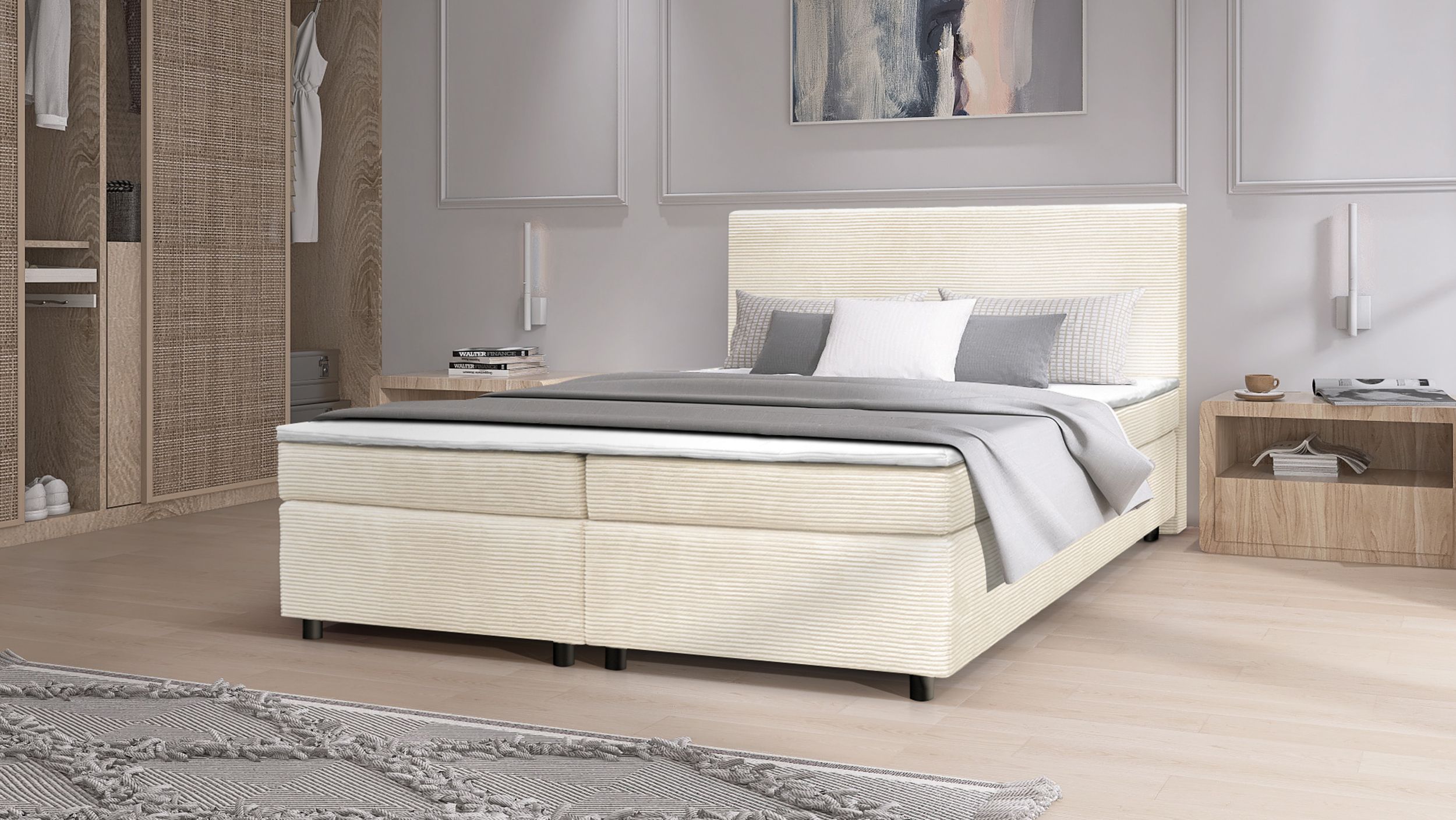 Boxspringbett Paxos Cordstoff Beige 180x200 Hotelbett Bonellfederkern Bett