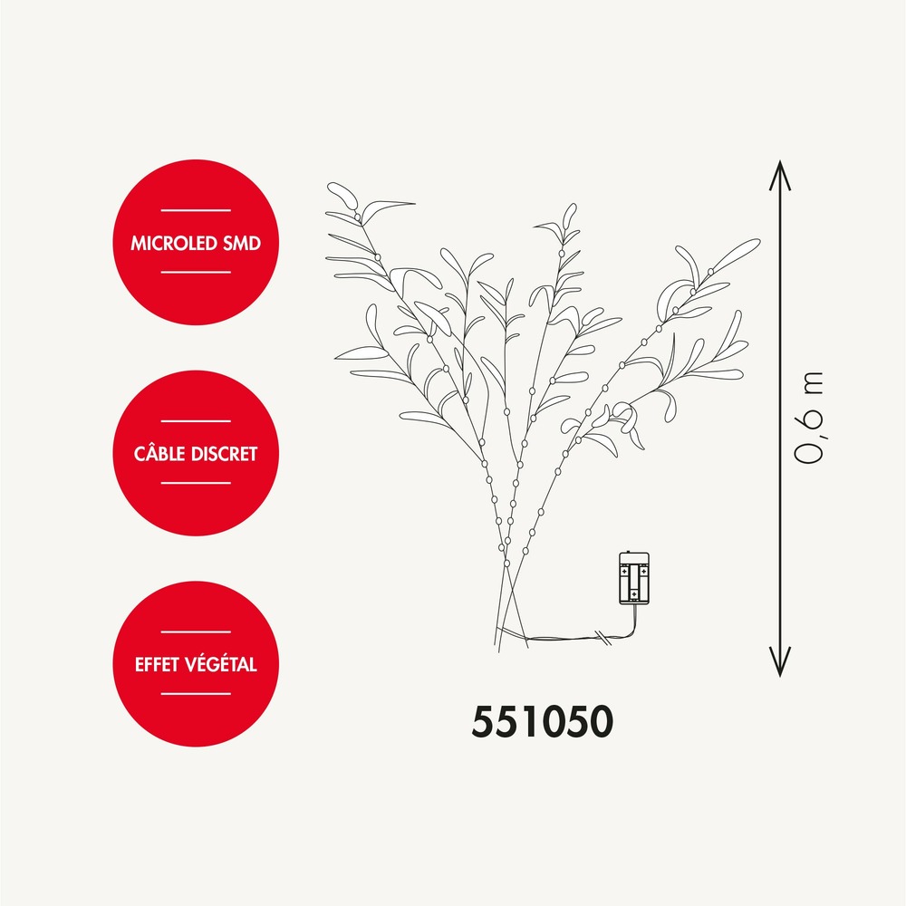 Branches lumineuses d'olivier à piles 60 microled blanc chaud - 60cm - int/ext - chromex
