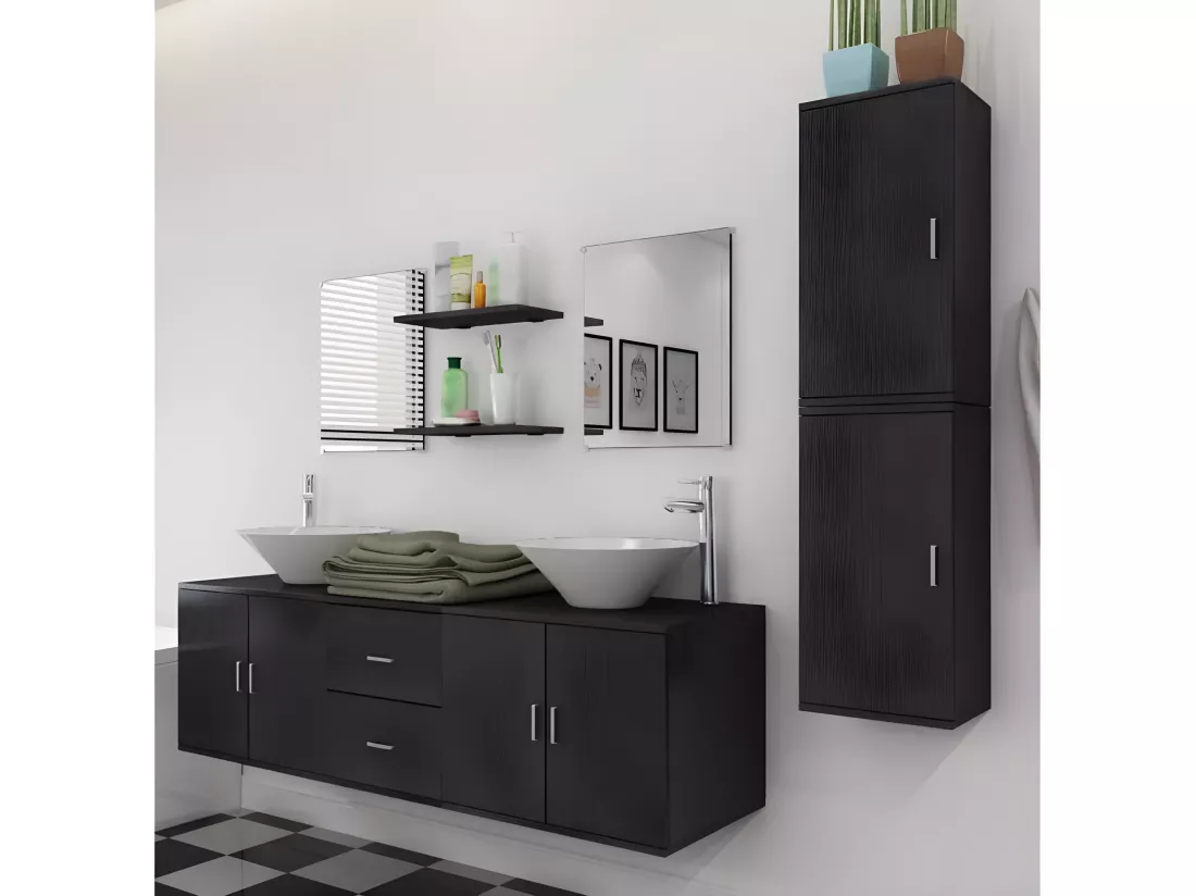 Meuble de salle de bain 11 pièces bois laqué noir Val